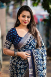 Indigo Batik Print Slub Silk Saree