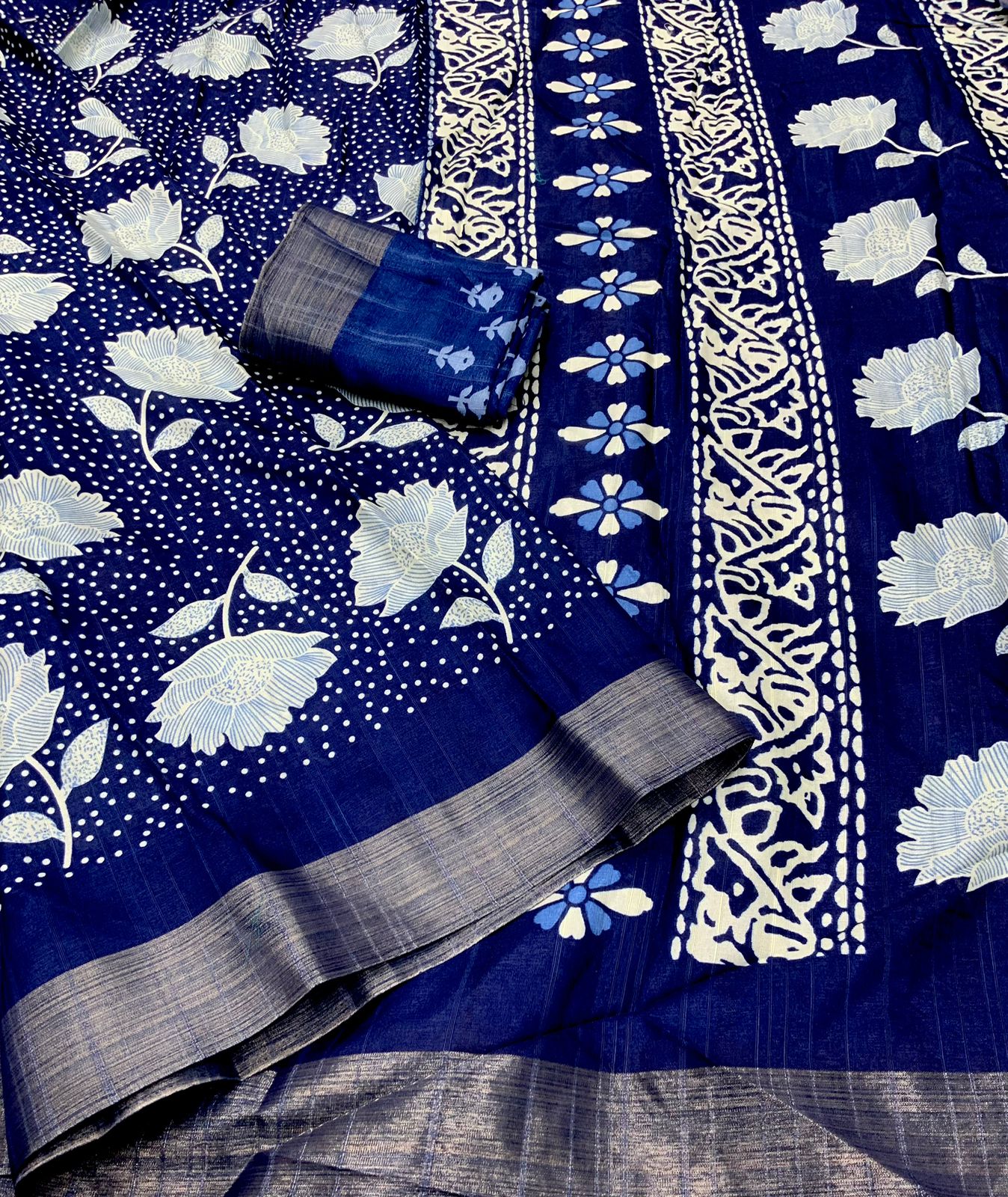 Indigo Batik Print Slub Silk Saree