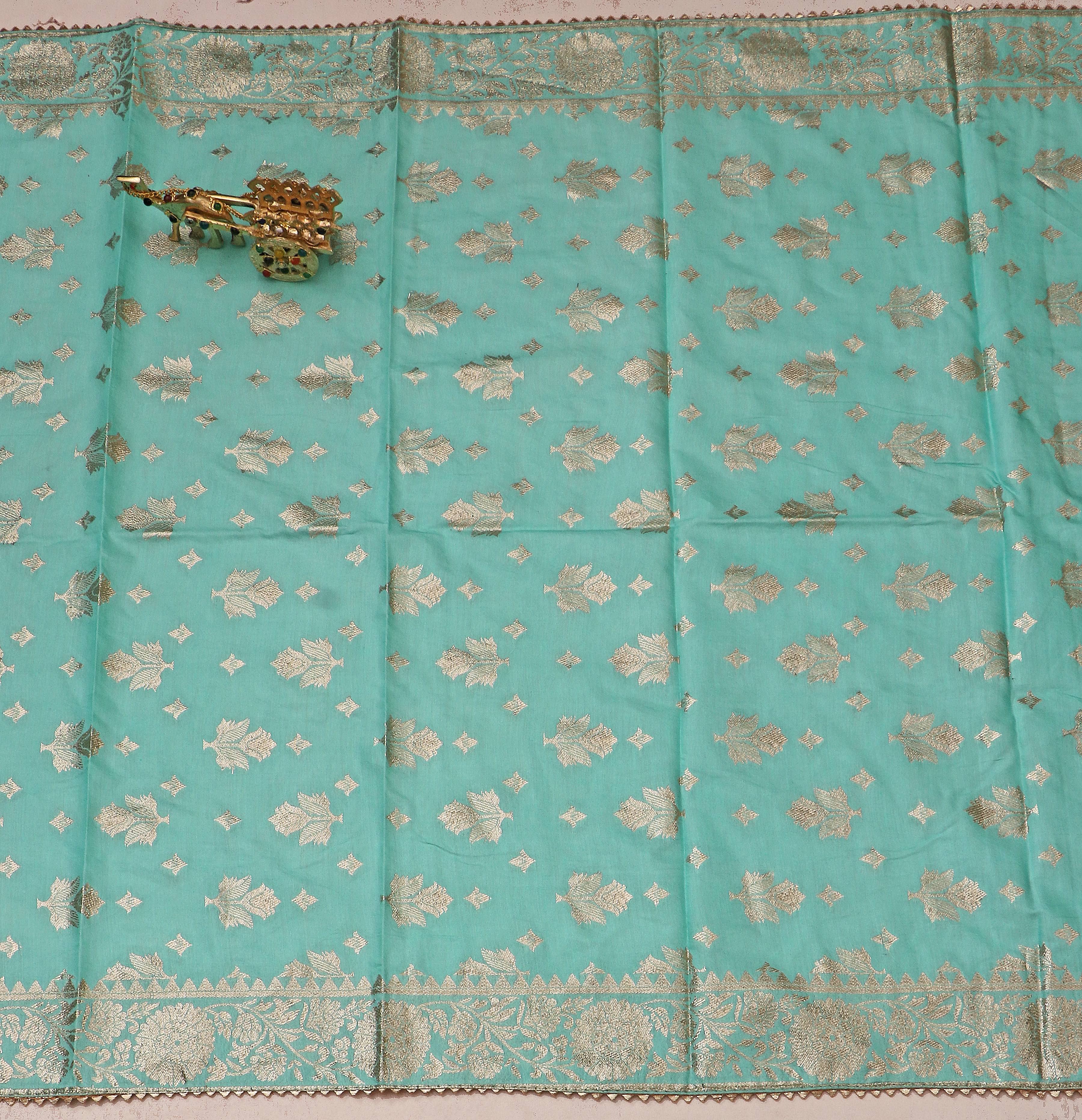 Blue Chanderi V Neck Unstitched Salwar Suit With Jacquard Dupatta