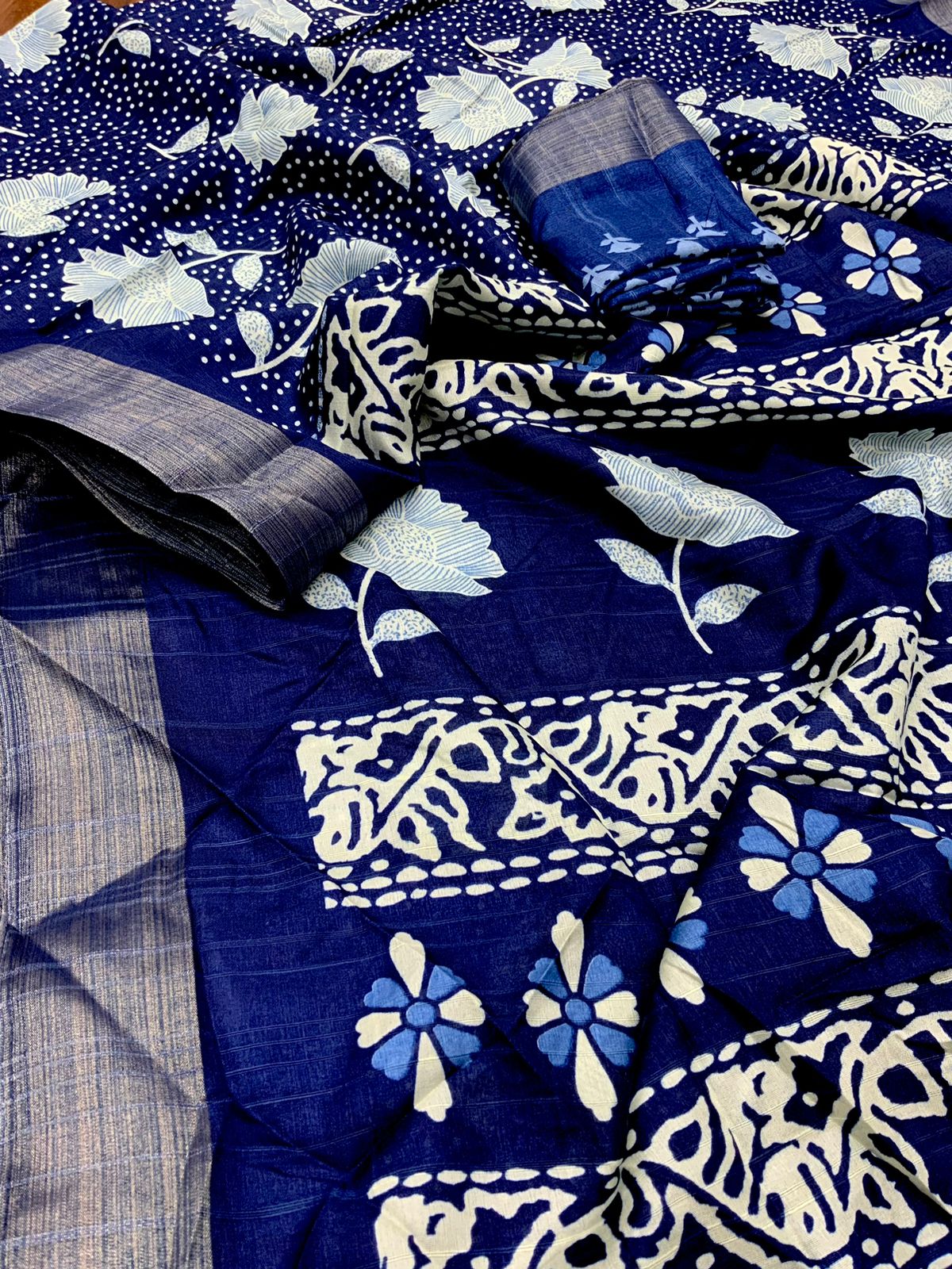 Indigo Batik Print Slub Silk Saree