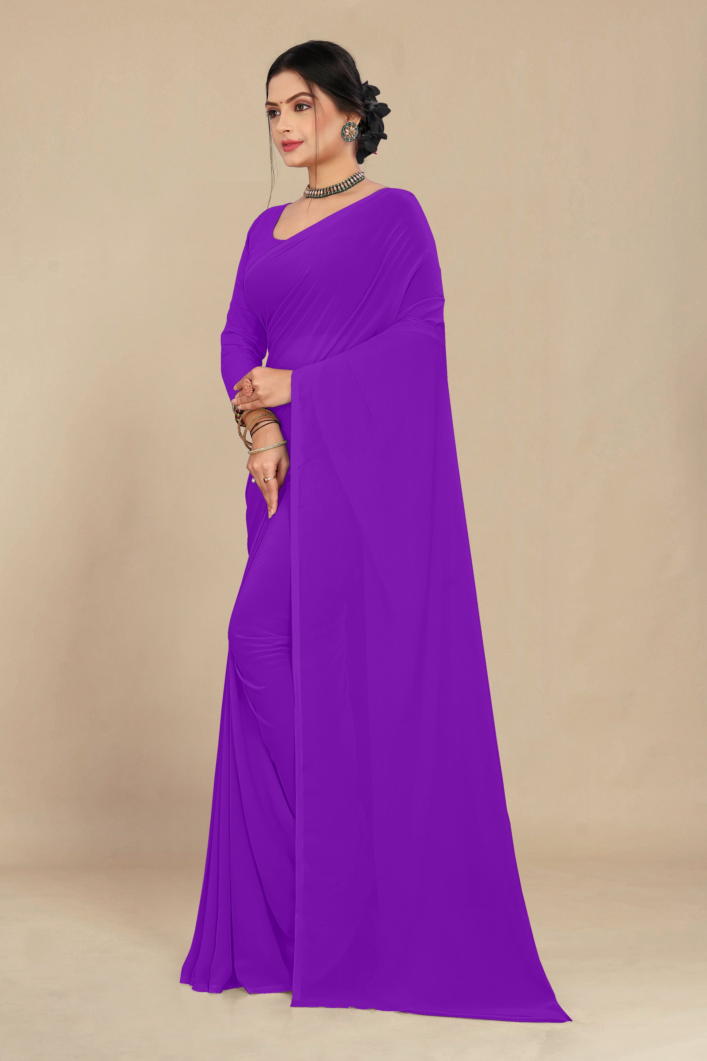 georgette weightless dark purple saree with grain texture