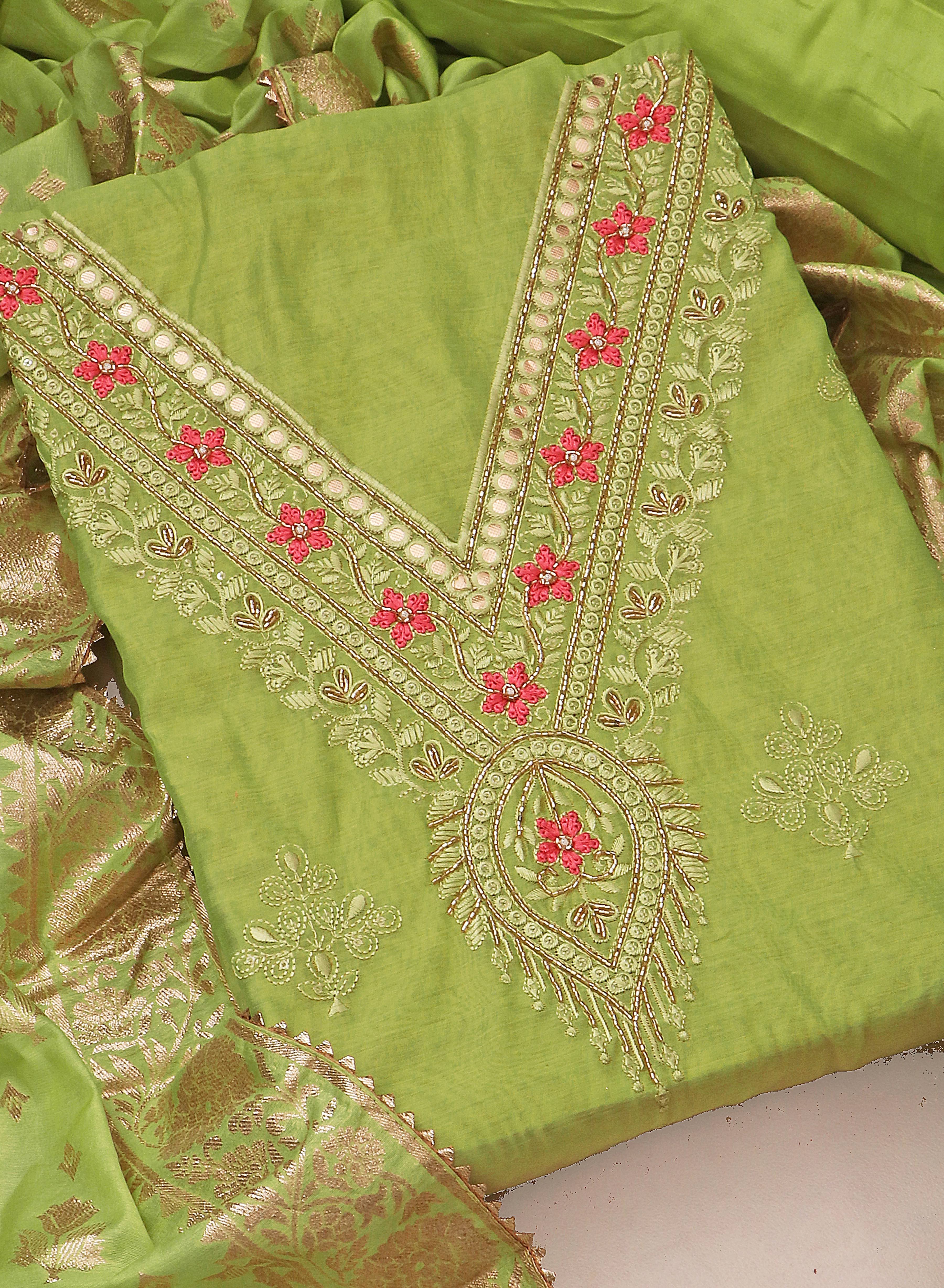 green Chanderi V Neck Unstitched Salwar Suit With Jacquard Dupatta