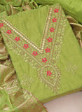 green Chanderi V Neck Unstitched Salwar Suit With Jacquard Dupatta