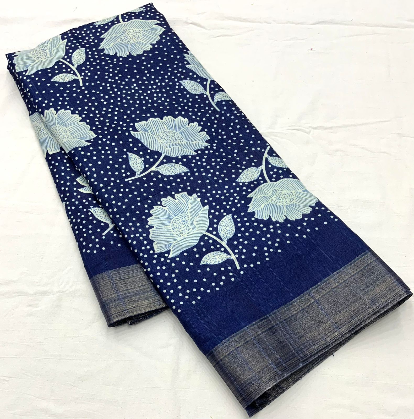 Indigo Batik Print Slub Silk Saree