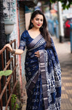 Indigo Batik Print Slub Silk Saree