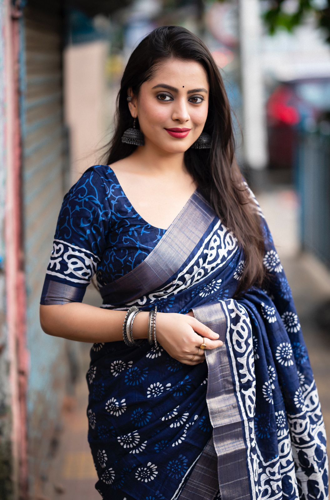 Indigo Batik Print Slub Silk Saree