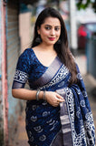 Indigo Batik Print Slub Silk Saree