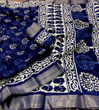 Indigo Batik Print Slub Silk Saree