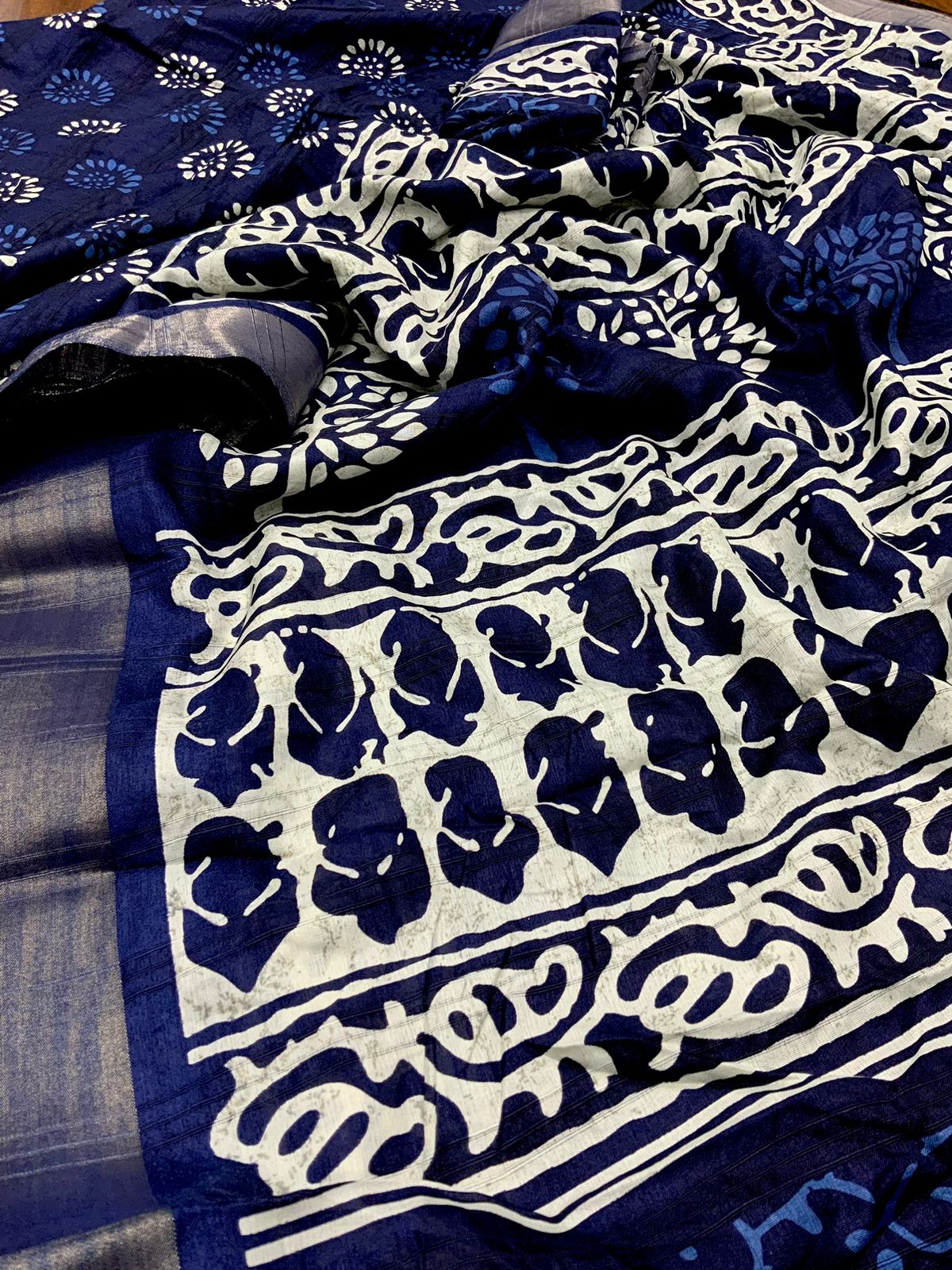 Indigo Batik Print Slub Silk Saree