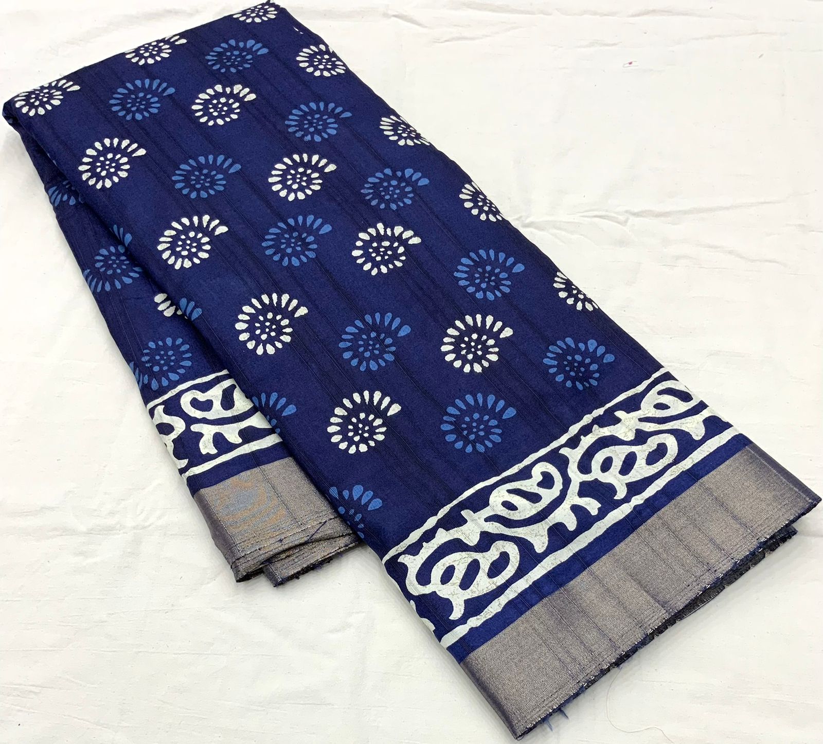 Indigo Batik Print Slub Silk Saree