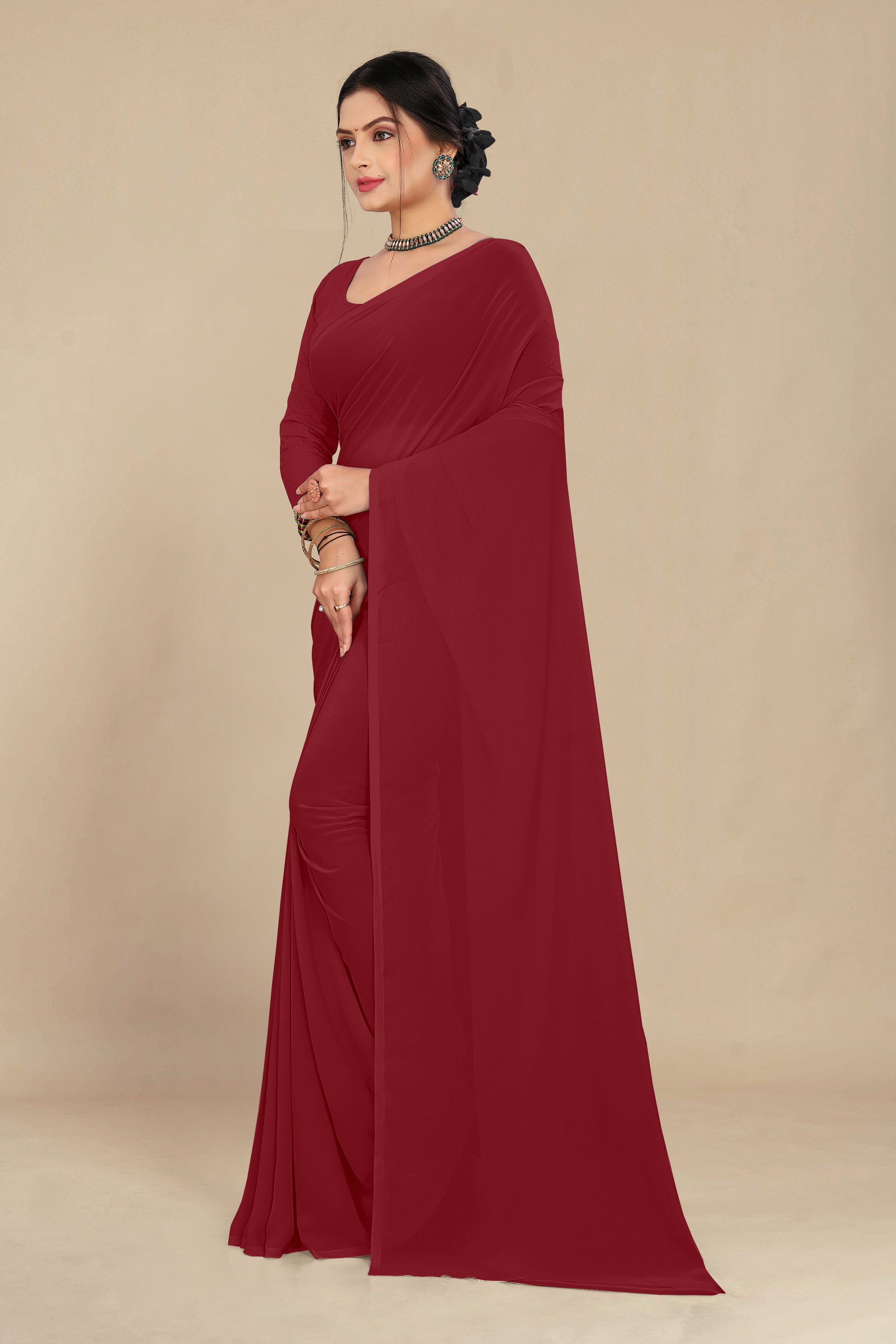 georgette weightless light tomato saree with grain texture