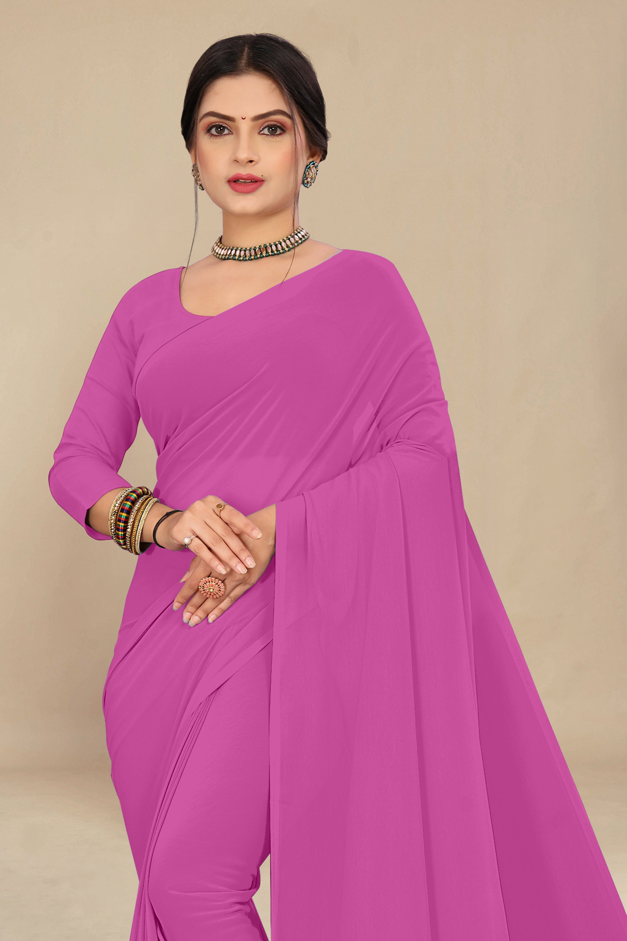 georgette weightless neon pink saree with grain texture