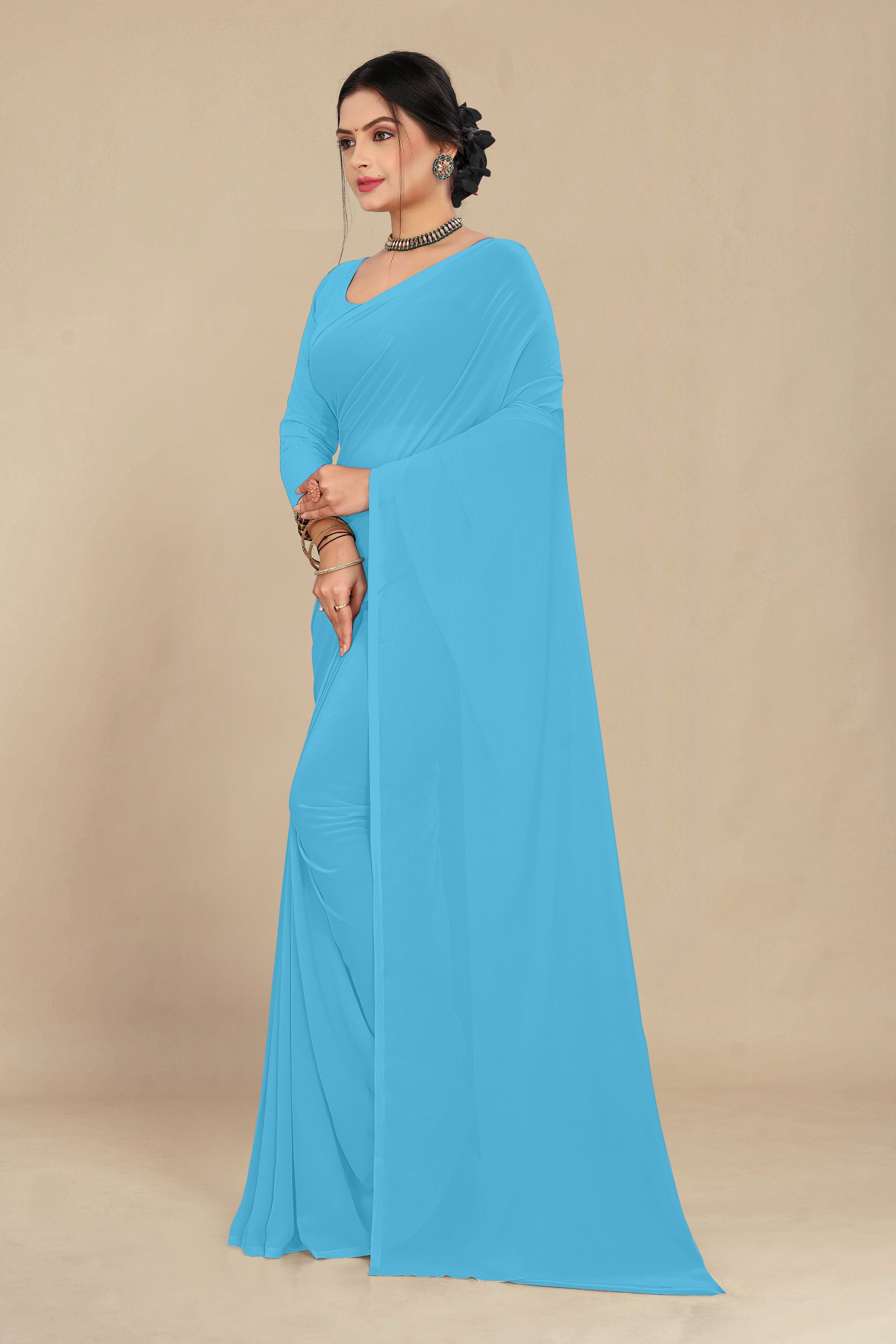 georgette weightless light sky blue saree with grain texture