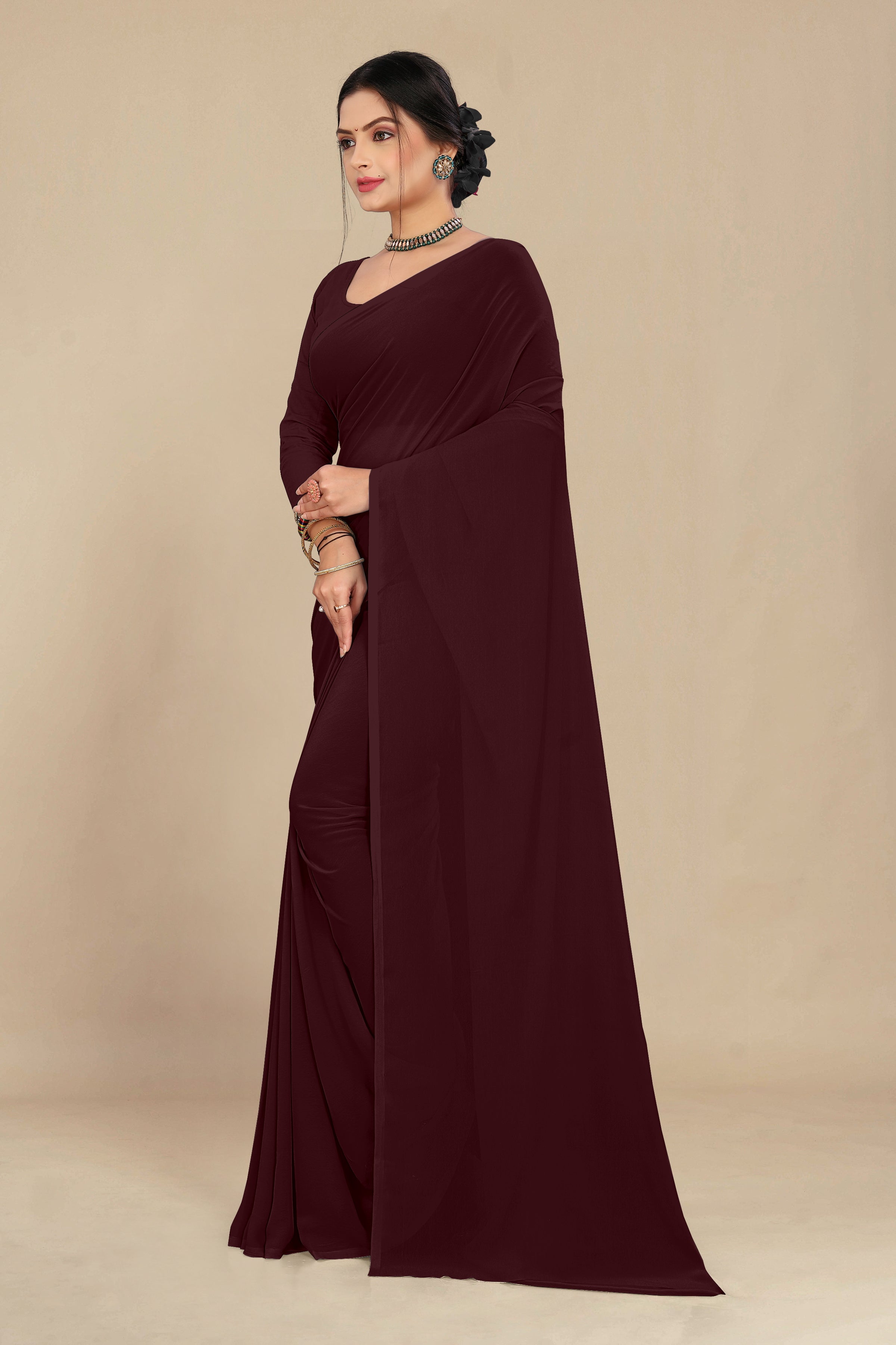 georgette weightless dark maroon saree with grain texture