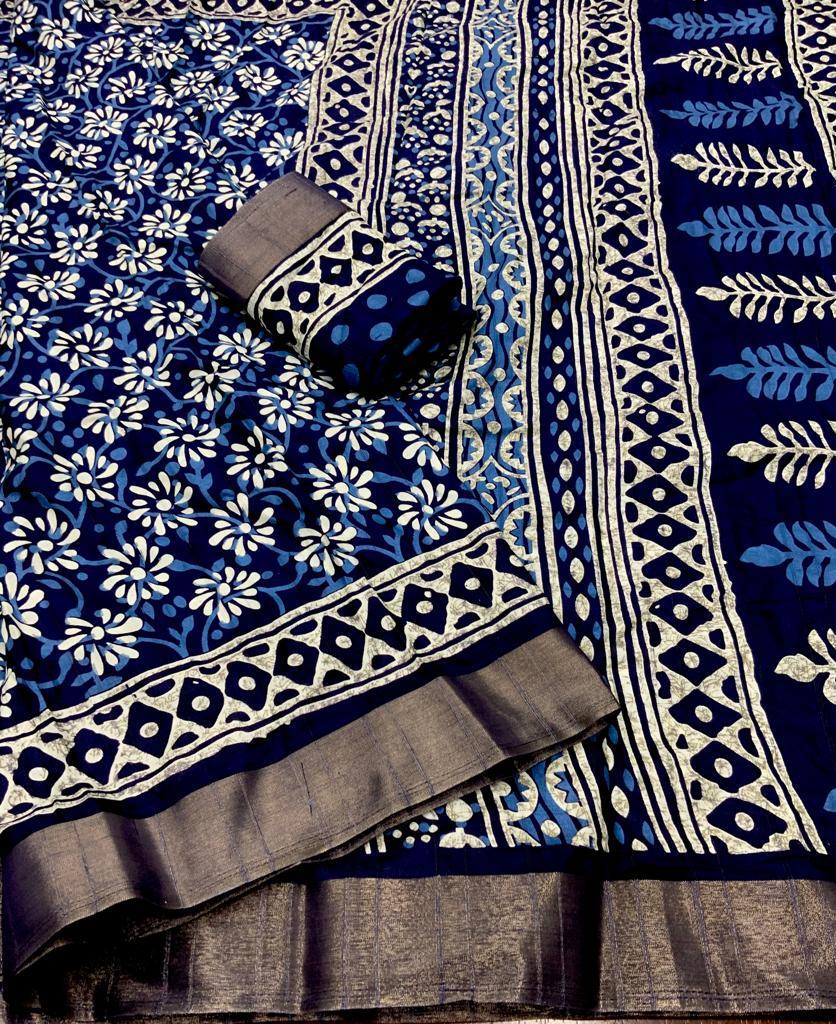 Indigo Batik Print Slub Silk Saree