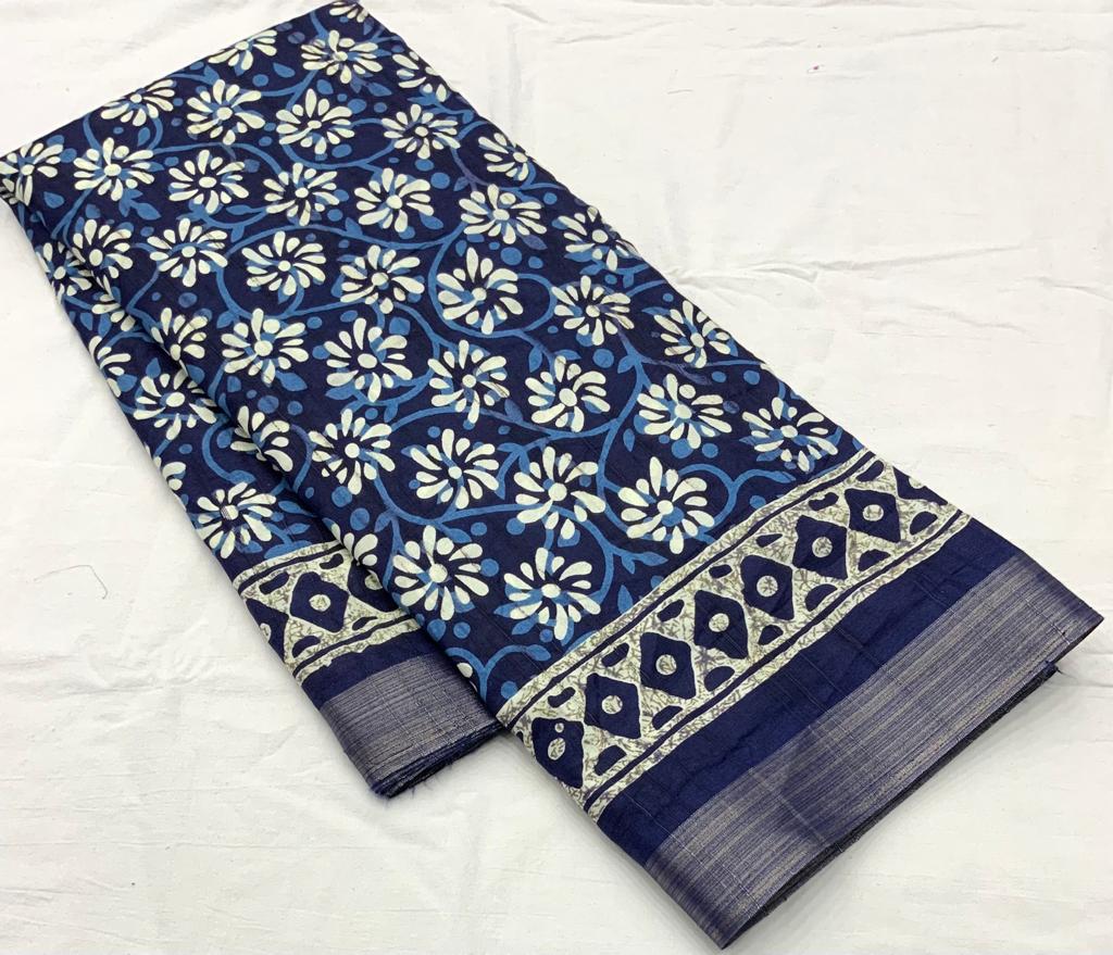 Indigo Batik Print Slub Silk Saree