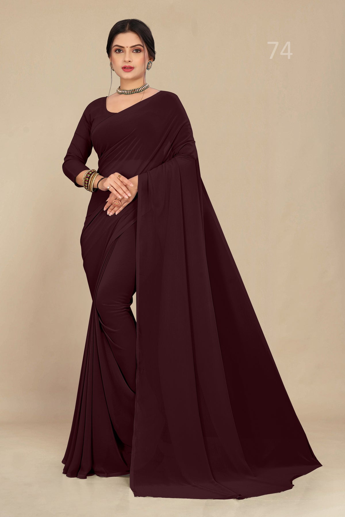 georgette weightless dark chocolate saree with grain texture