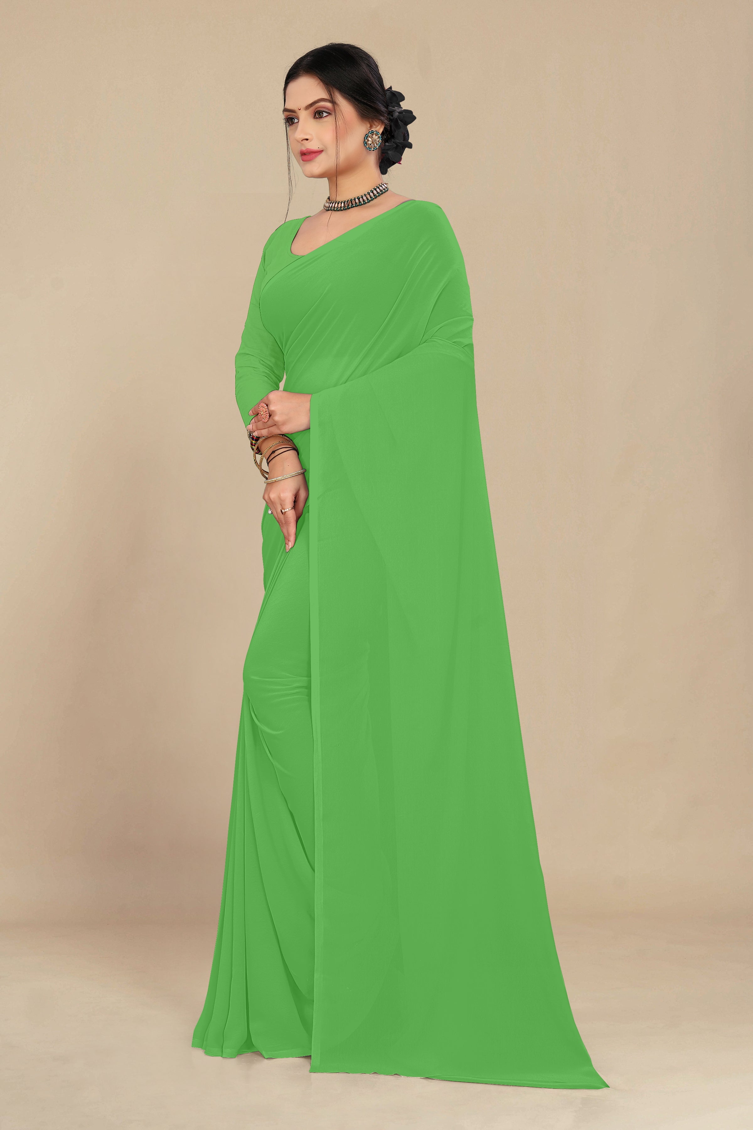 georgette weightless neon green saree with grain texture