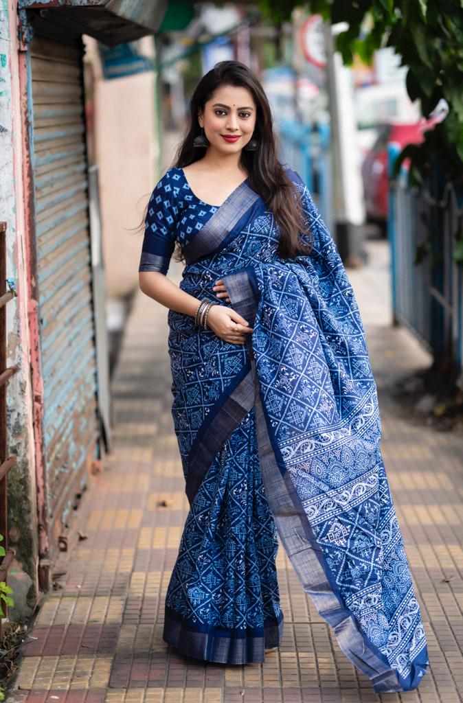 Indigo Batik Print Slub Silk Saree