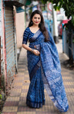 Indigo Batik Print Slub Silk Saree