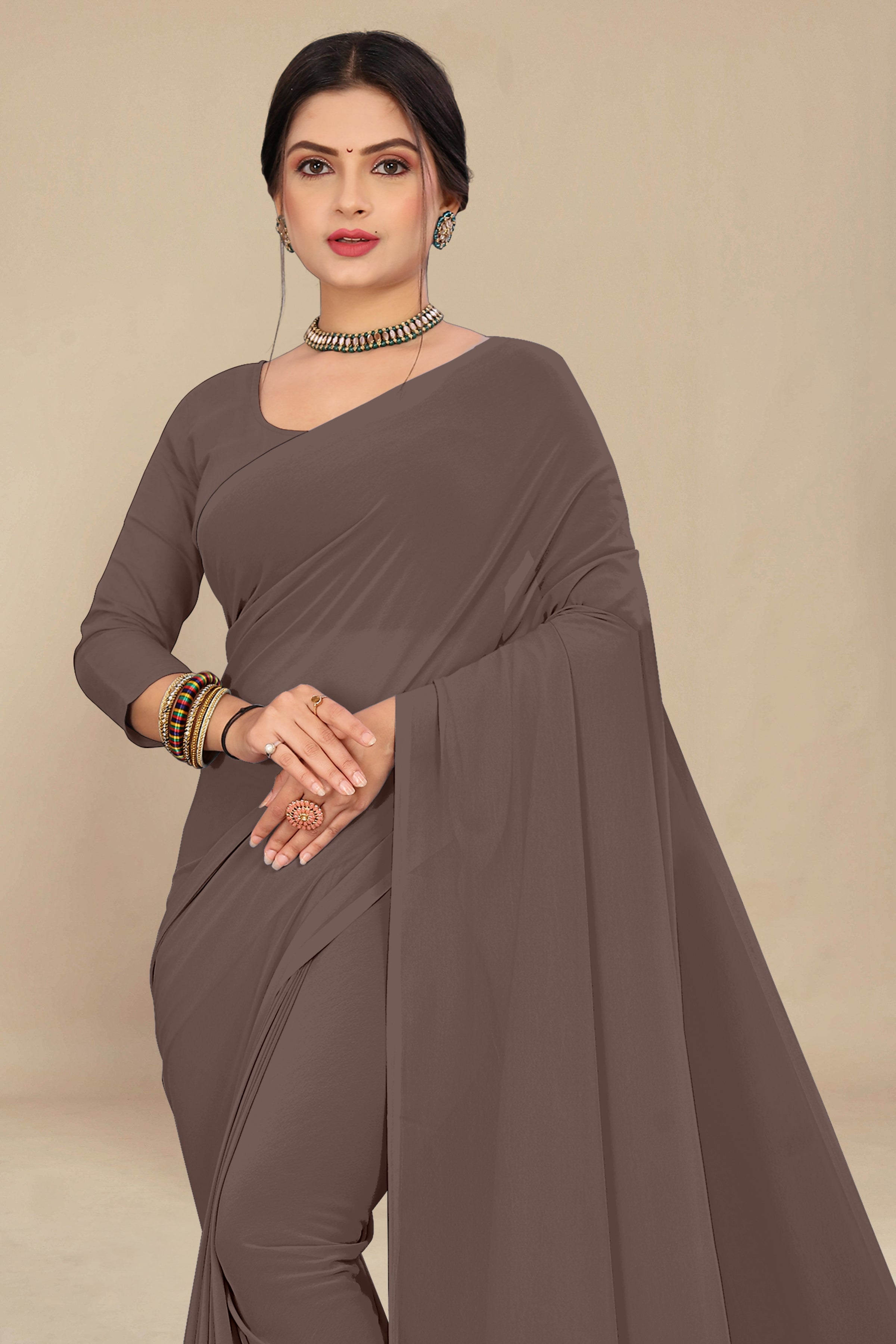 georgette weightless chikoo saree with grain texture