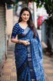 Indigo Batik Print Slub Silk Saree