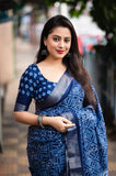 Indigo Batik Print Slub Silk Saree