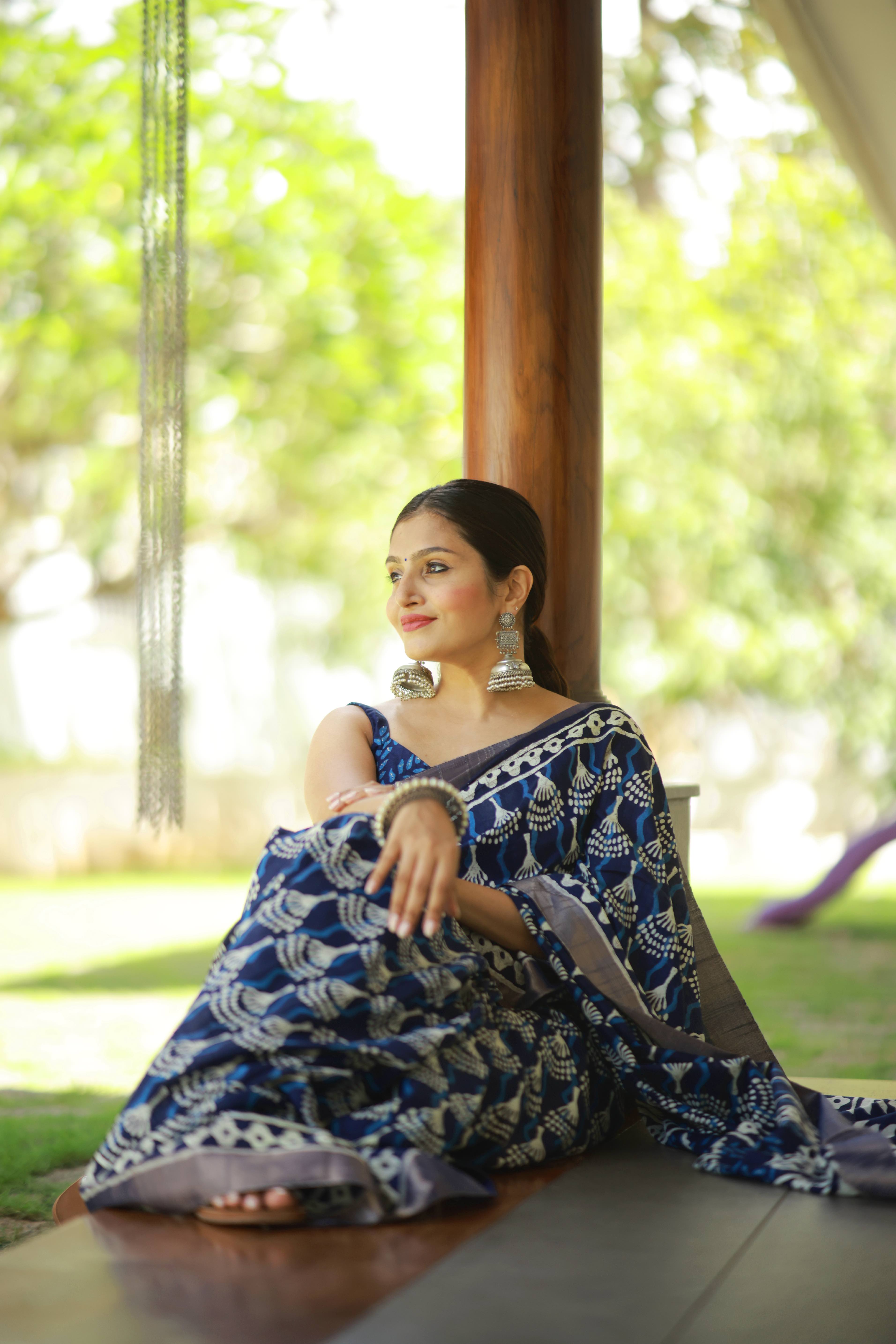 Indigo Batik Print Slub Silk Saree