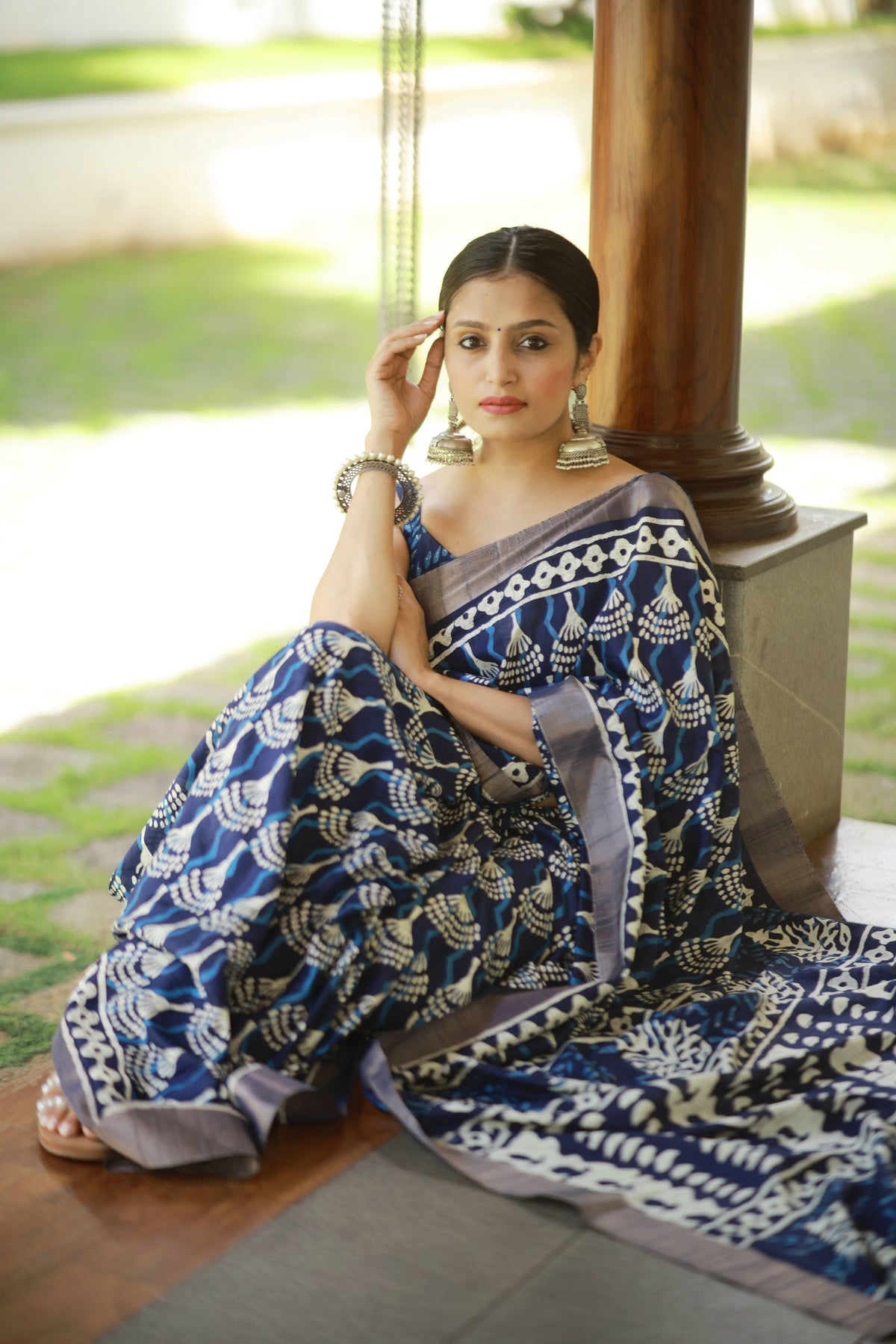 Indigo Batik Print Slub Silk Saree