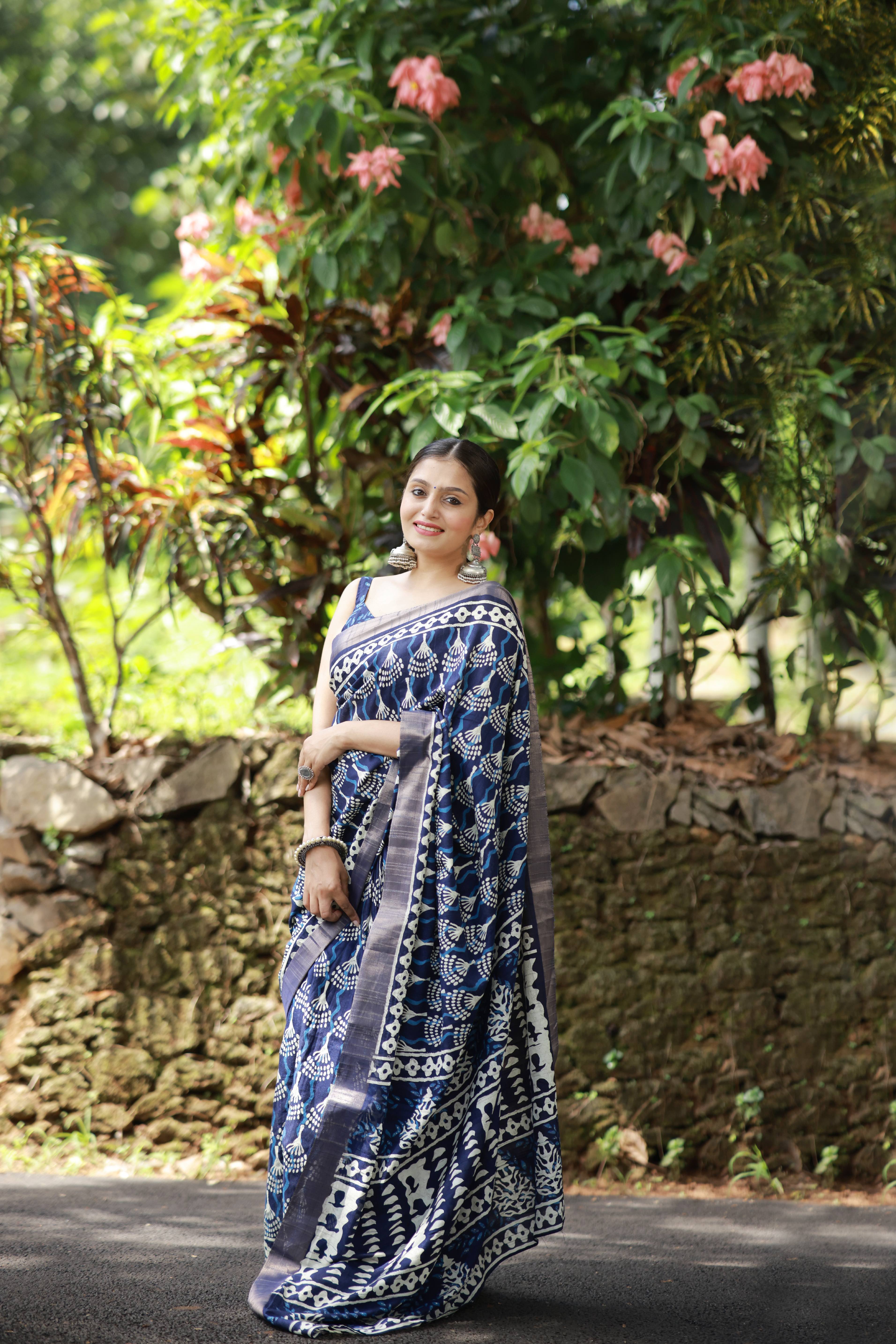 Indigo Batik Print Slub Silk Saree