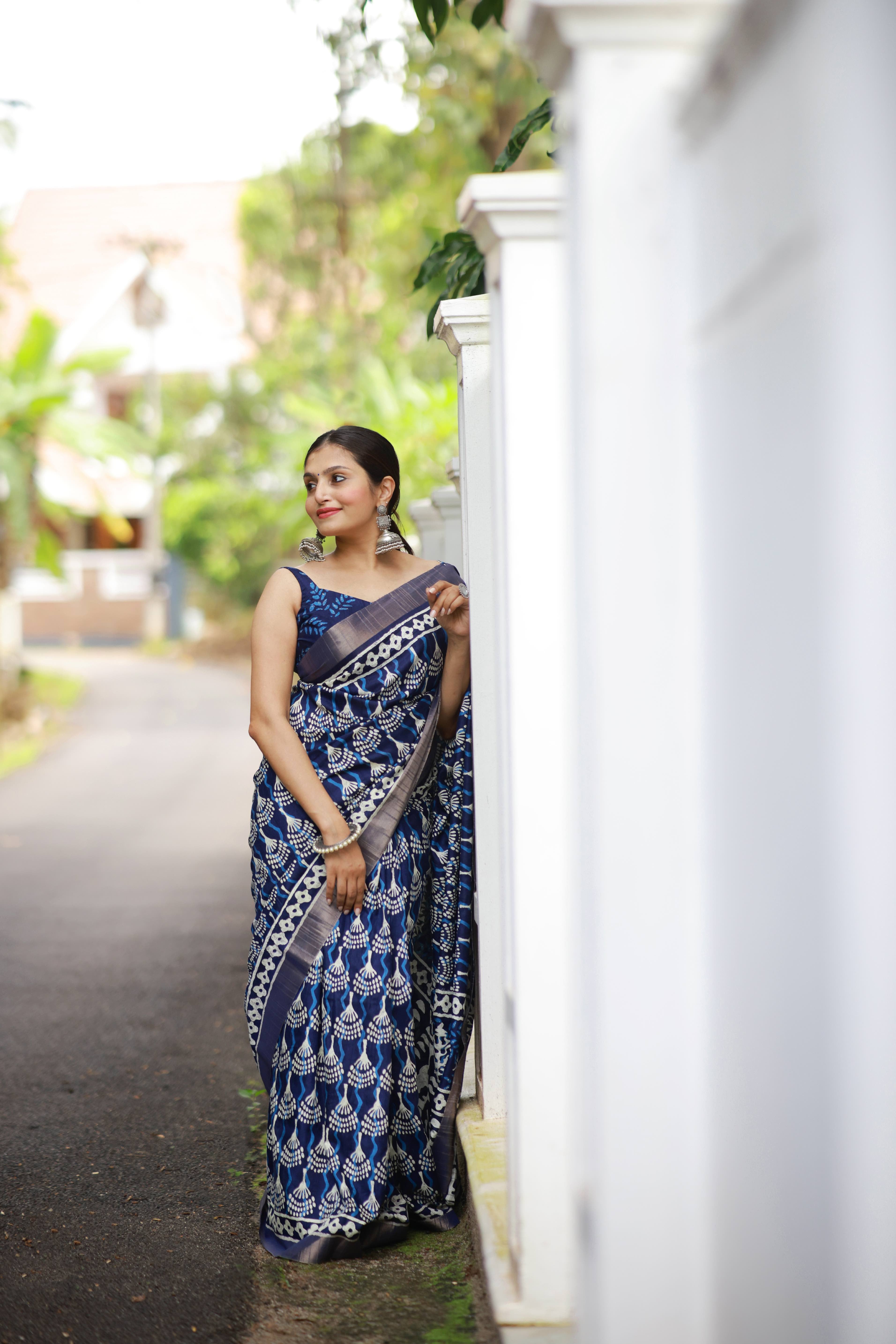 Indigo Batik Print Slub Silk Saree