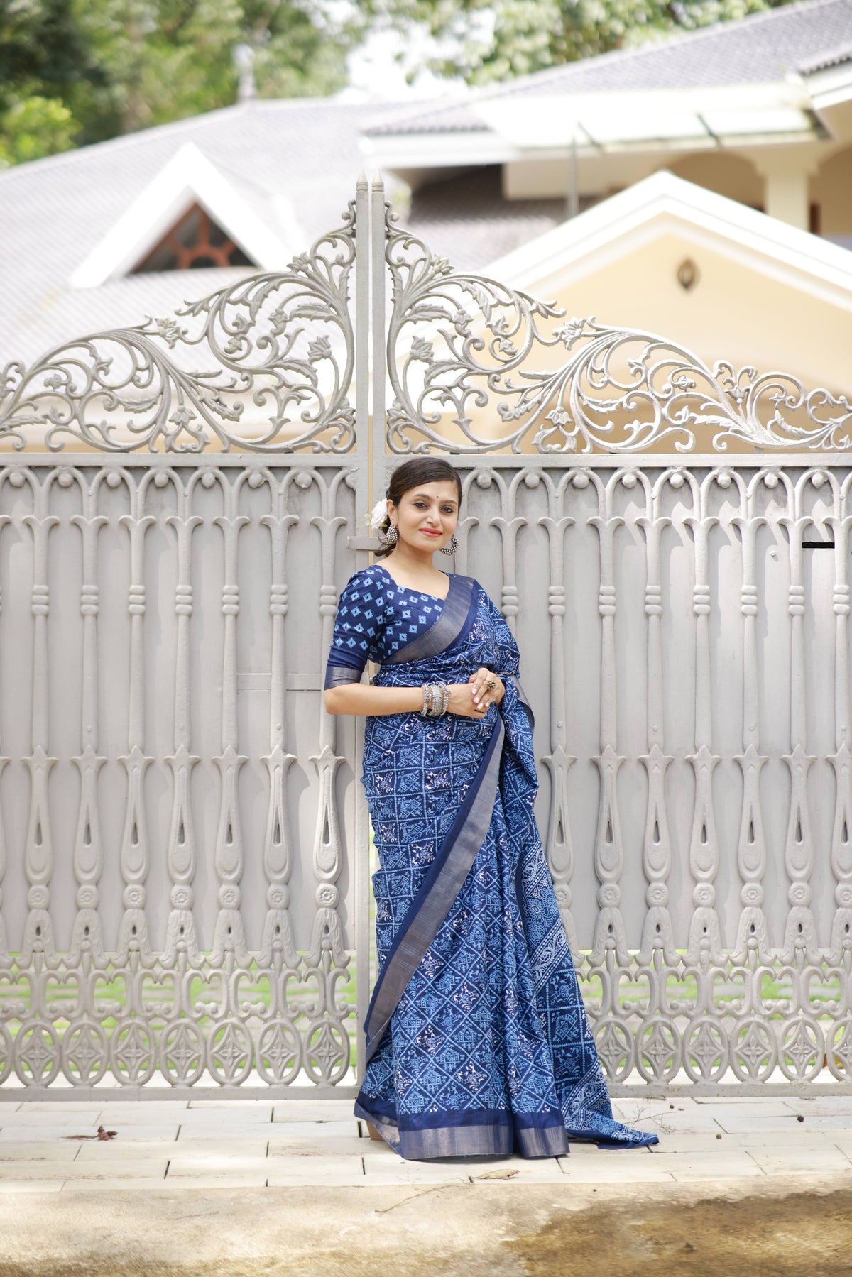 Indigo Batik Print Slub Silk Saree