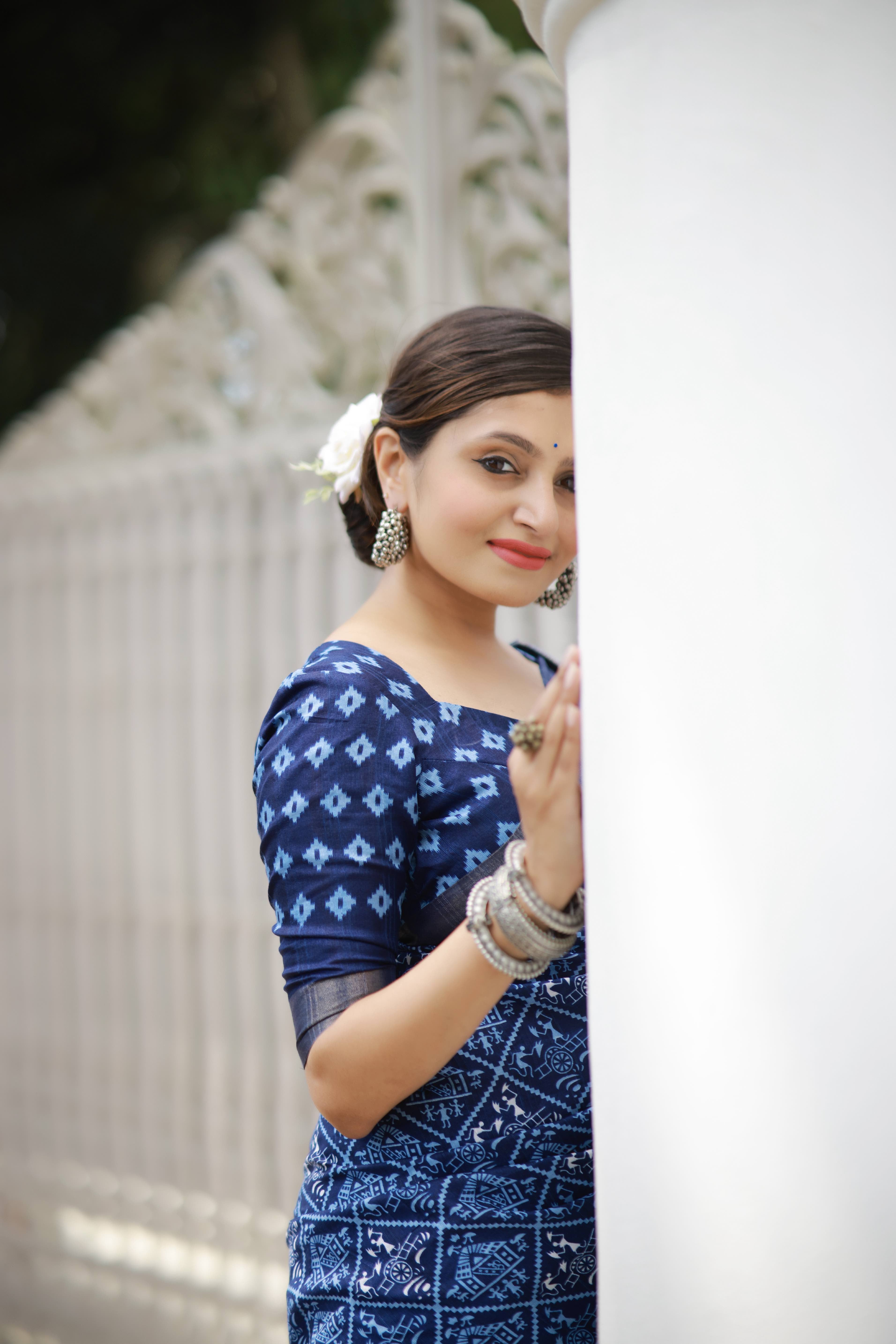 Indigo Batik Print Slub Silk Saree