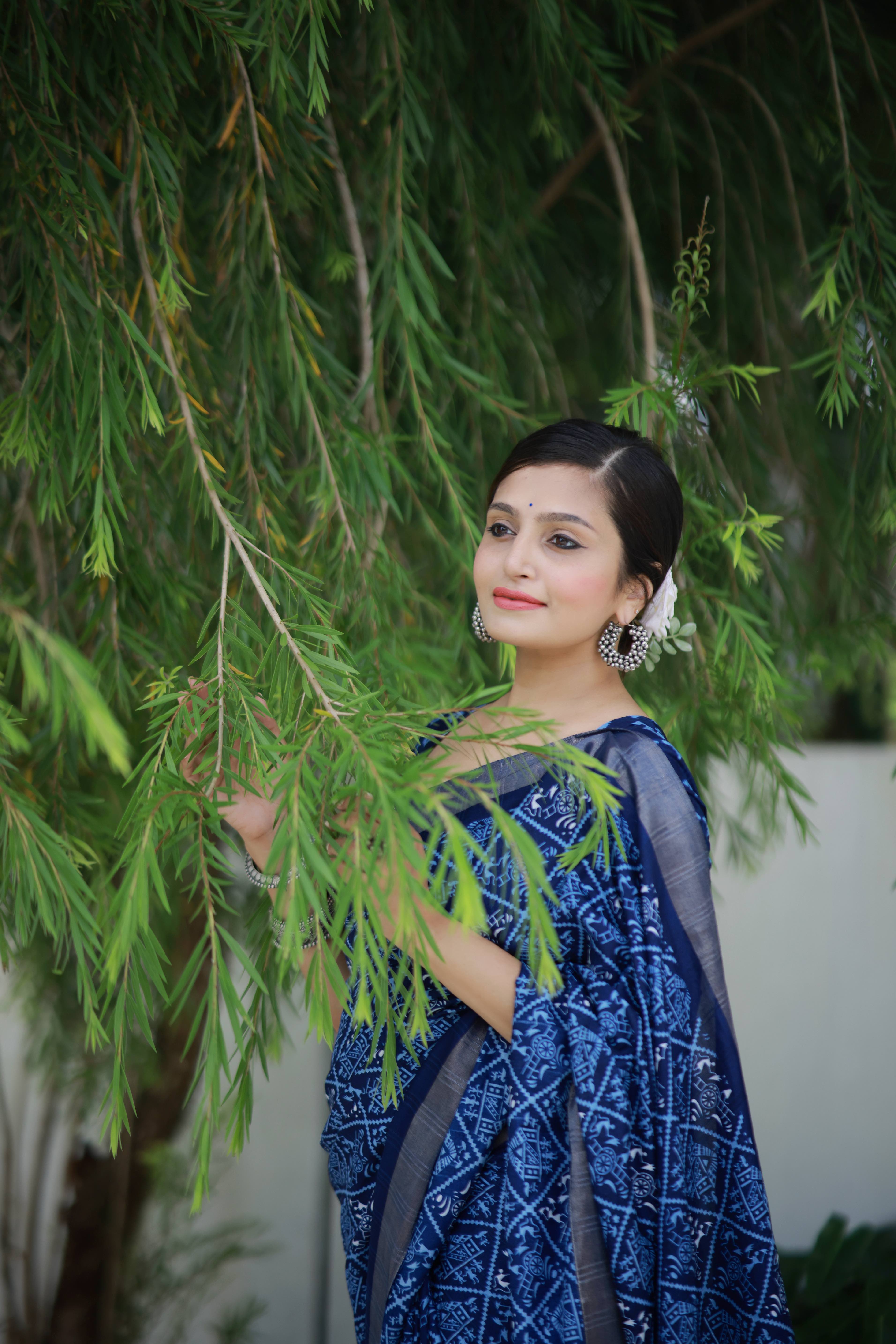 Indigo Batik Print Slub Silk Saree