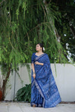 Indigo Batik Print Slub Silk Saree