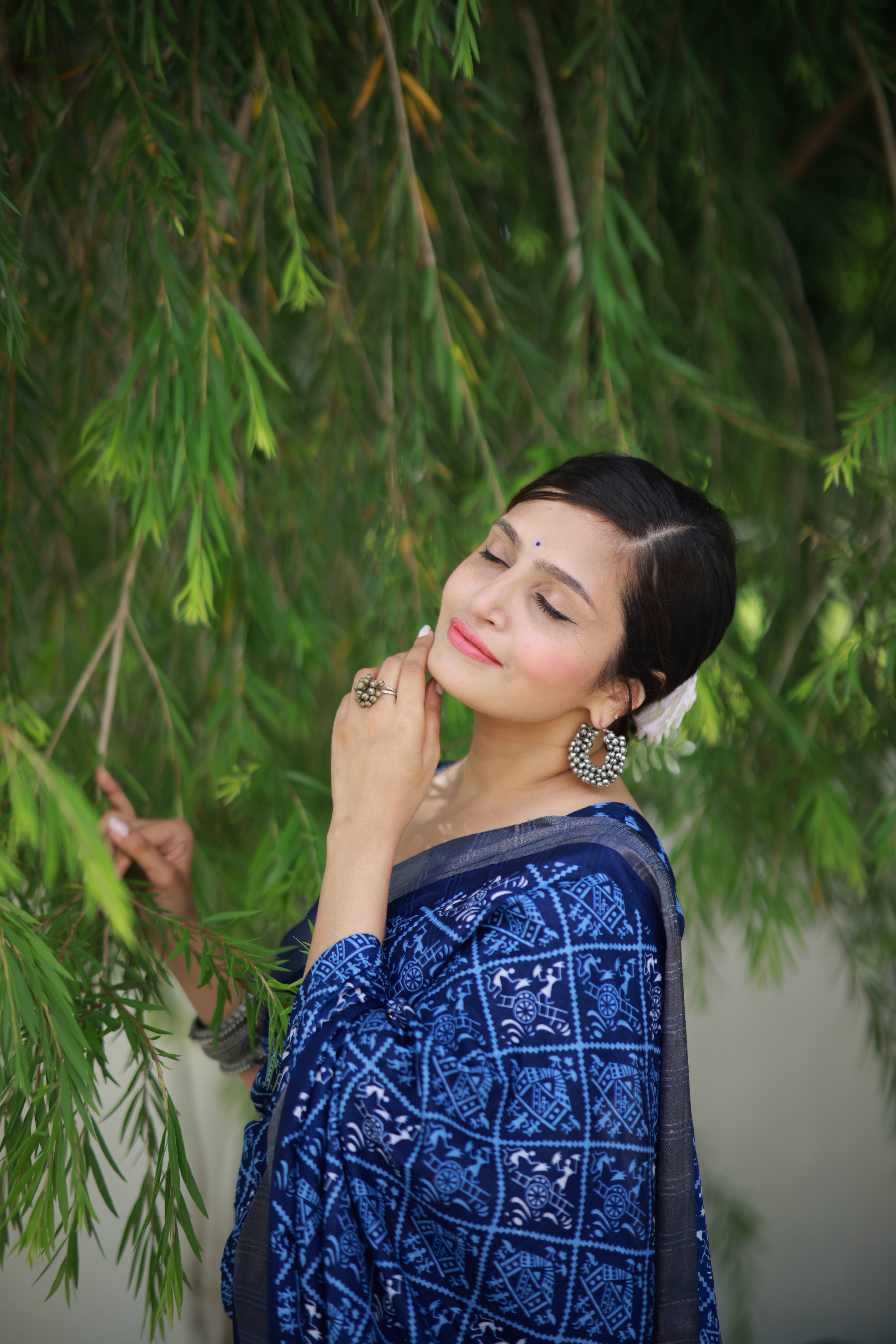 Indigo Batik Print Slub Silk Saree