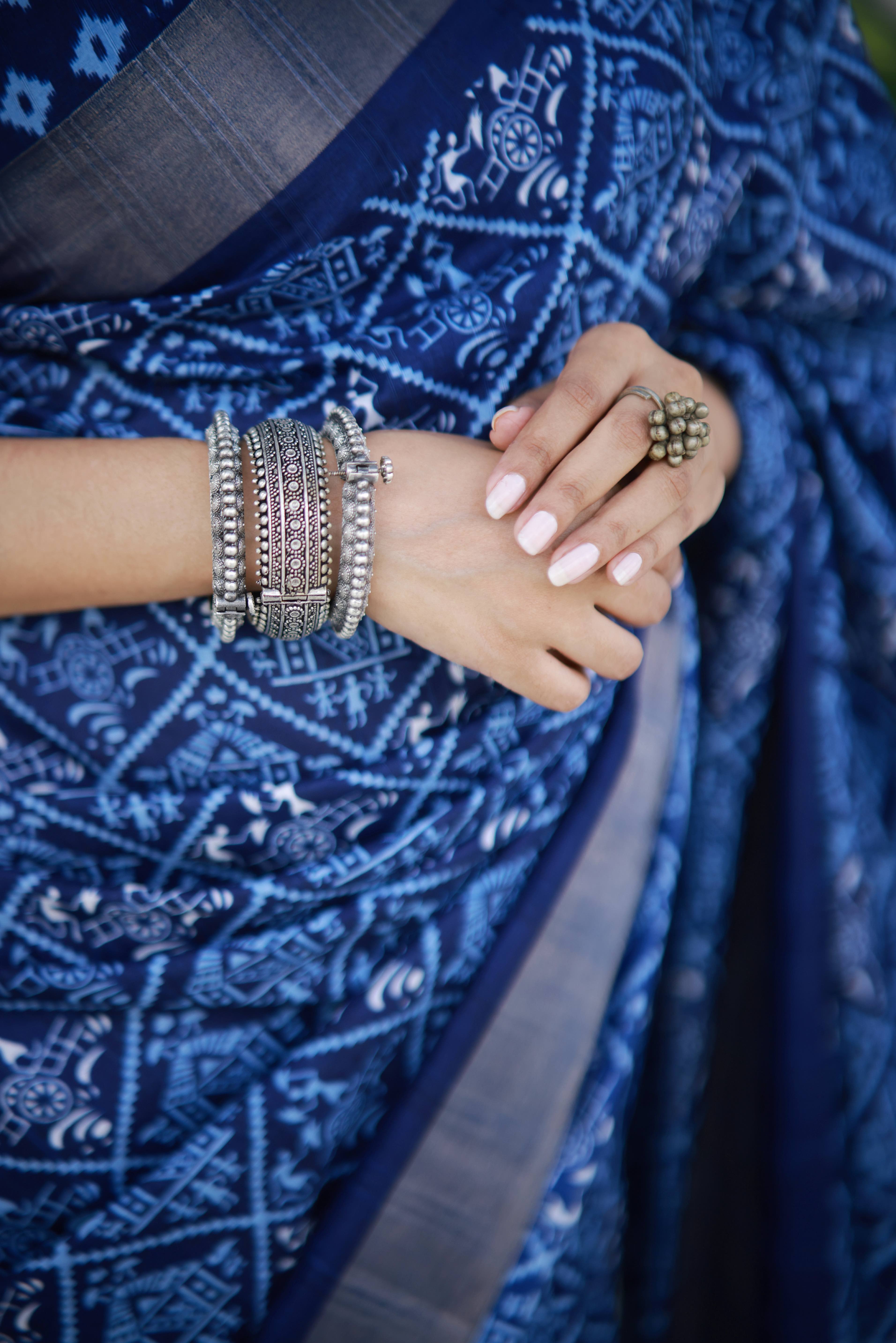 Indigo Batik Print Slub Silk Saree