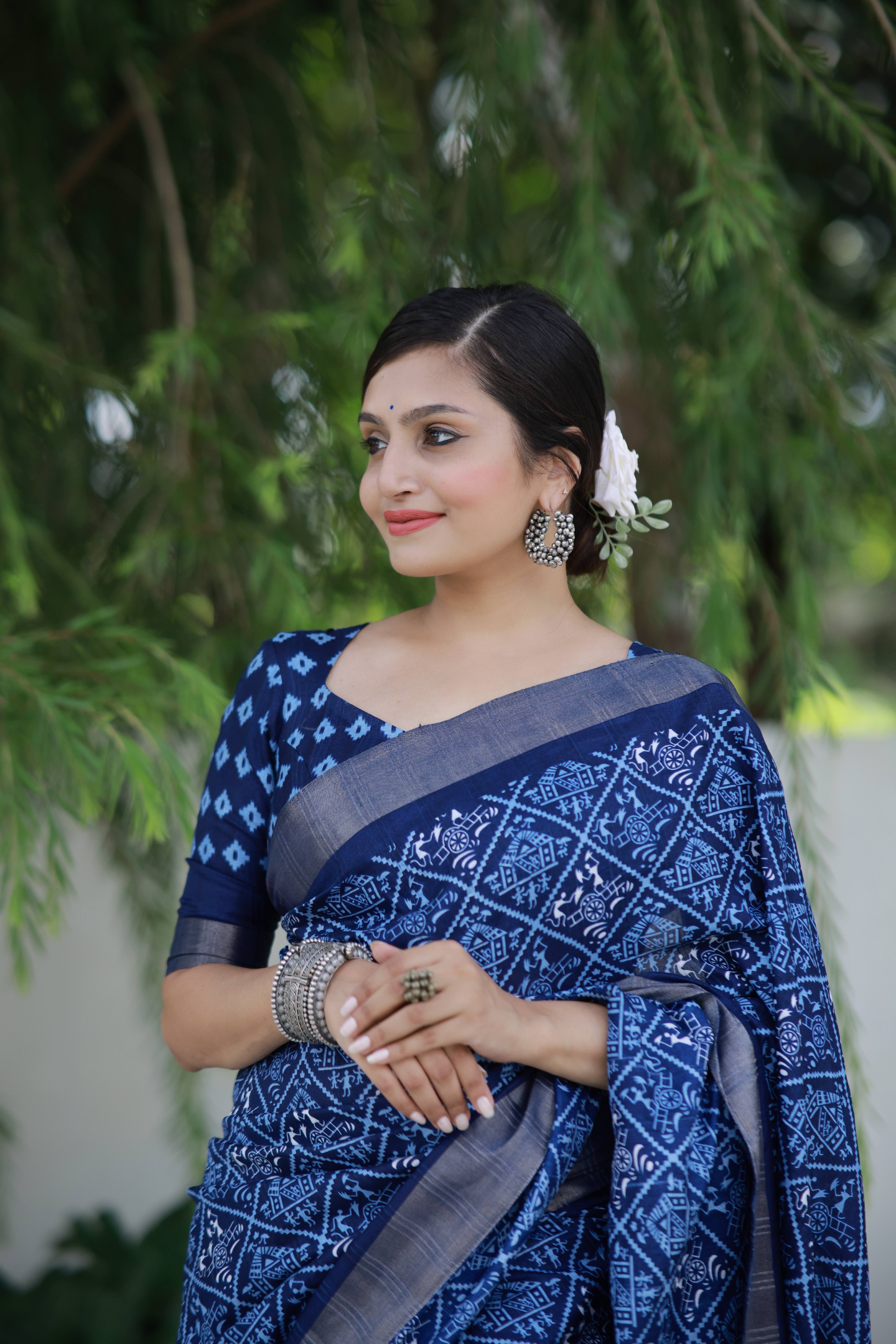 Indigo Batik Print Slub Silk Saree