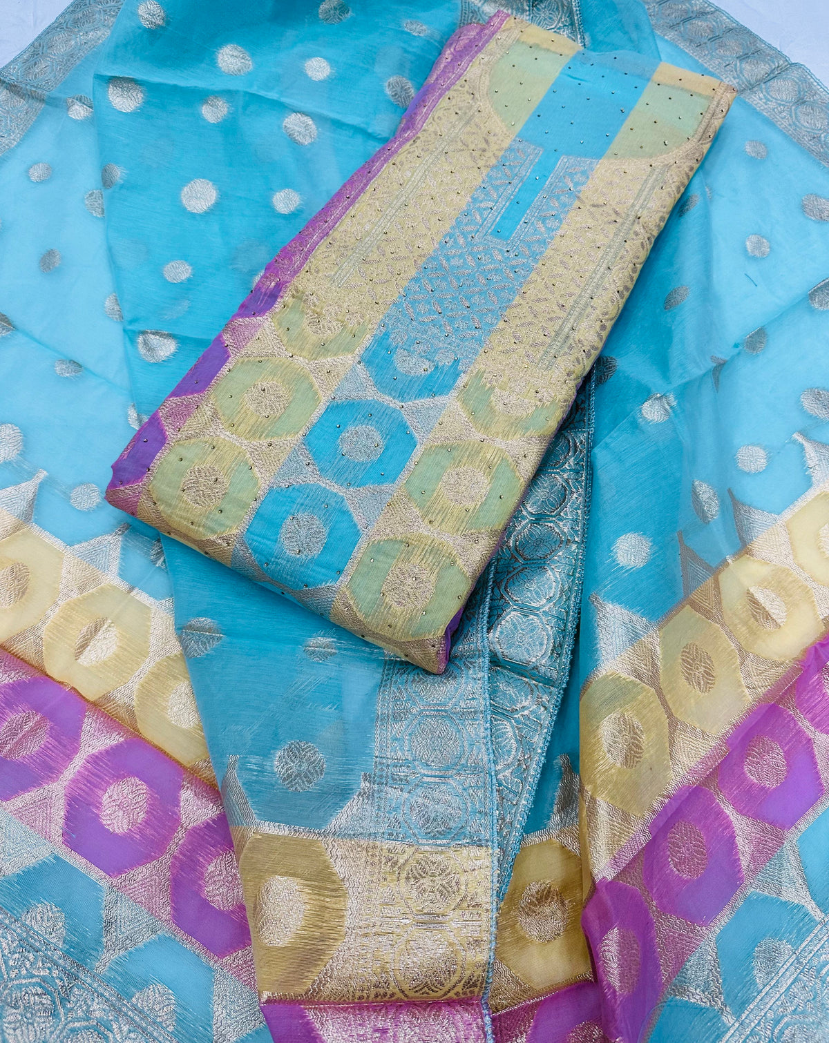 Sky Blue Chanderi Jacquard Unstitched Salwar Suit