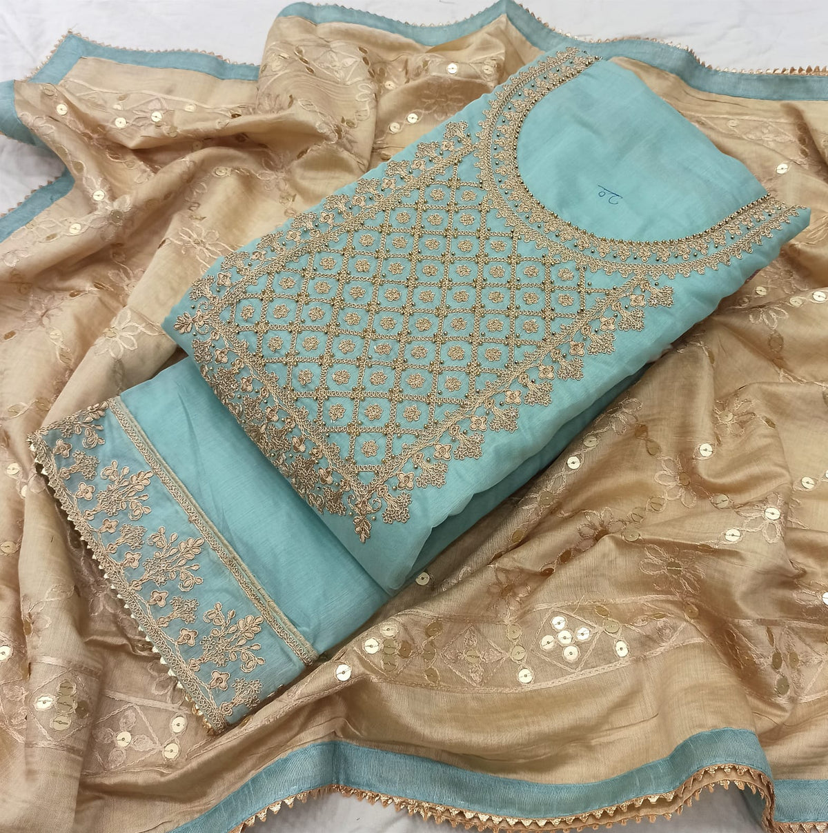 Light Blue Silk Embroidery unstitched Salwar Suit