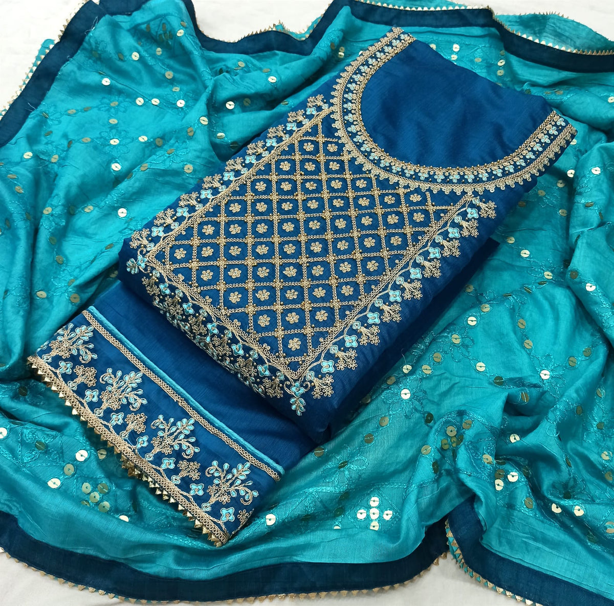 Teal Blue Silk Embroidery unstitched Salwar Suit