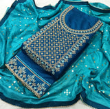 Teal Blue Silk Embroidery unstitched Salwar Suit