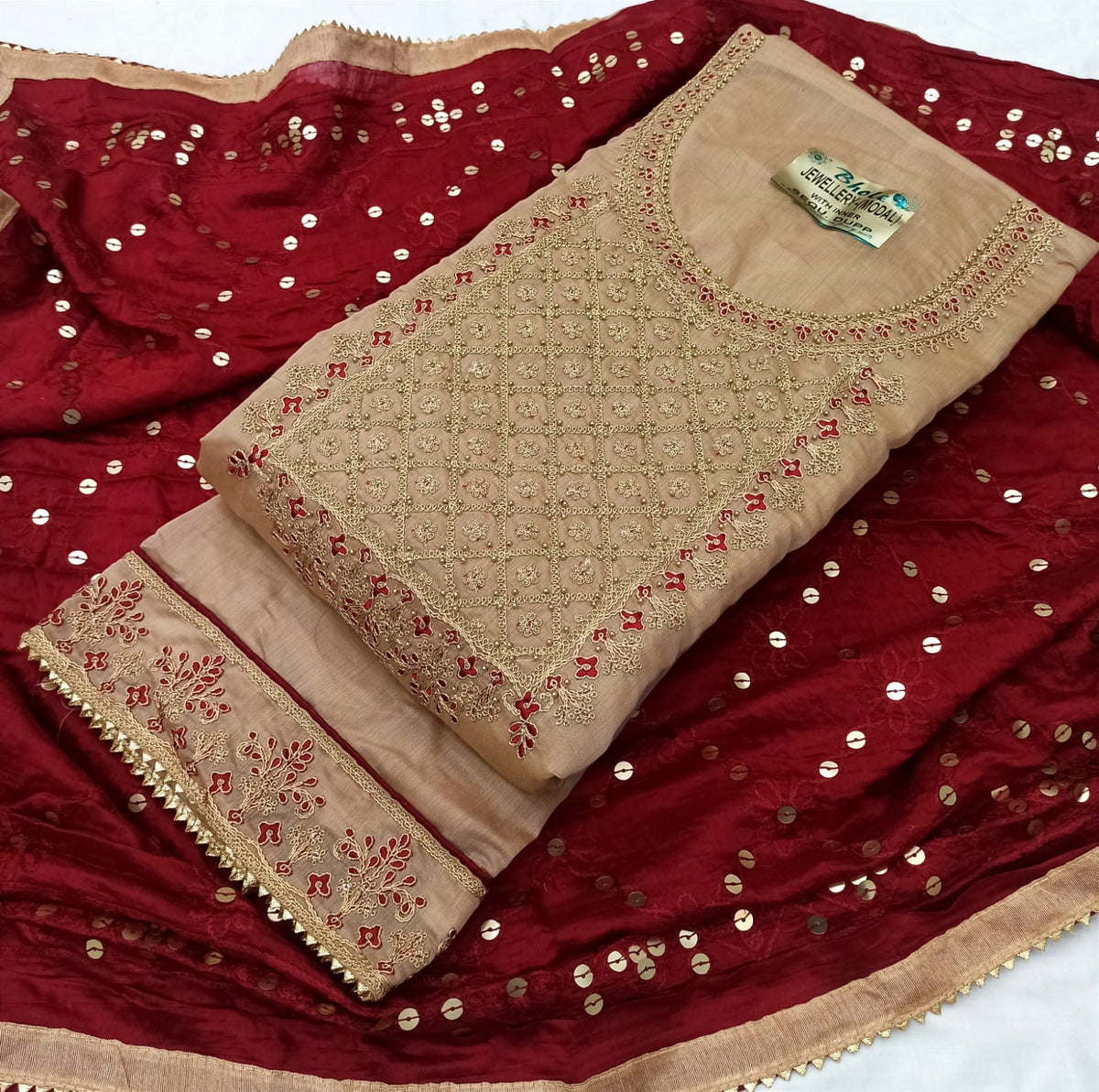 Beige Silk Embroidery unstitched Salwar Suit