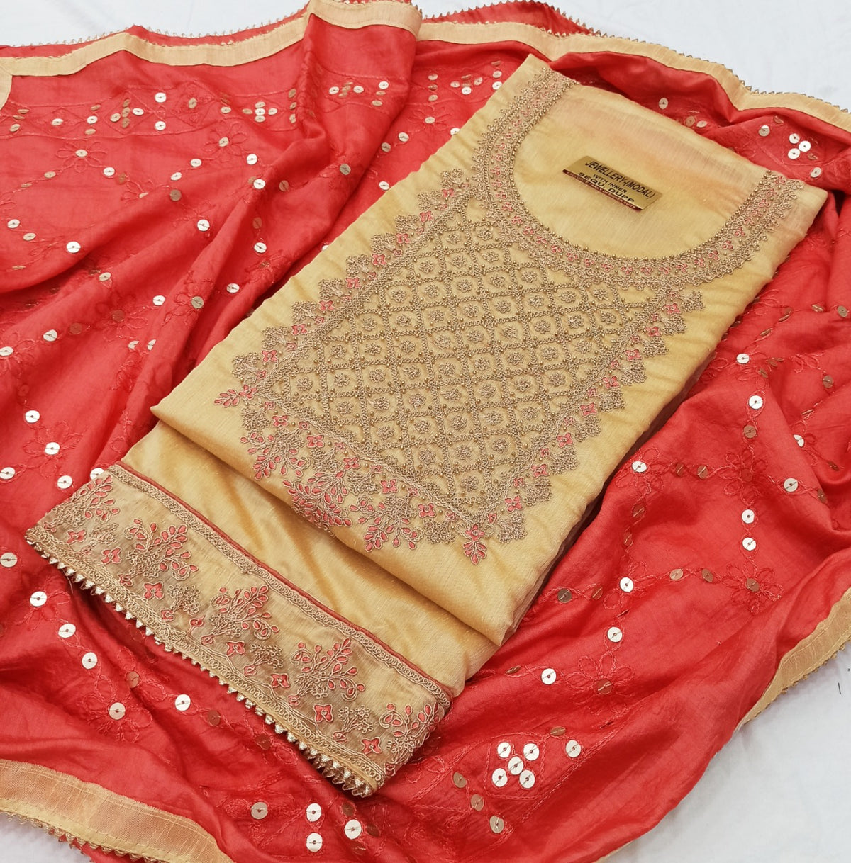 Gold Silk Embroidery unstitched Salwar Suit