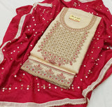 Cream Silk Embroidery unstitched Salwar Suit