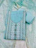 Blue Chanderi Embroidery Unstitched Salwar Suit With Organza Dupatta