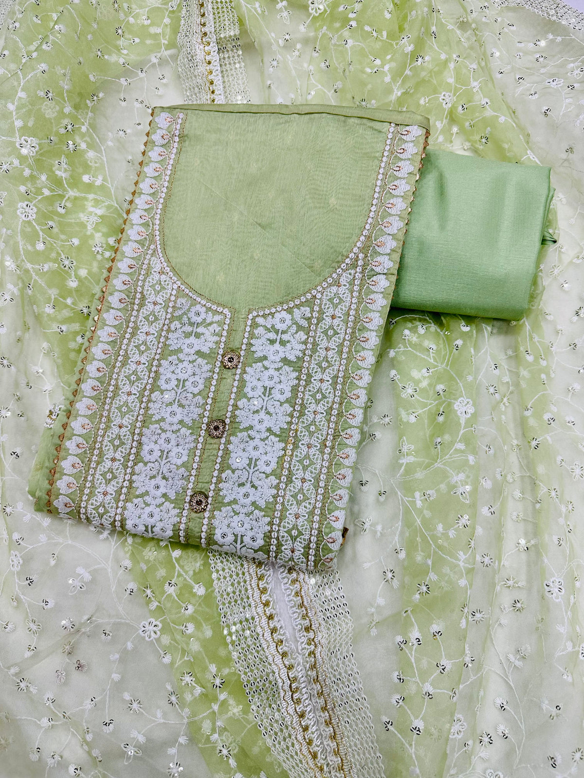 Green Chanderi Embroidery Unstitched Salwar Suit With Organza Dupatta