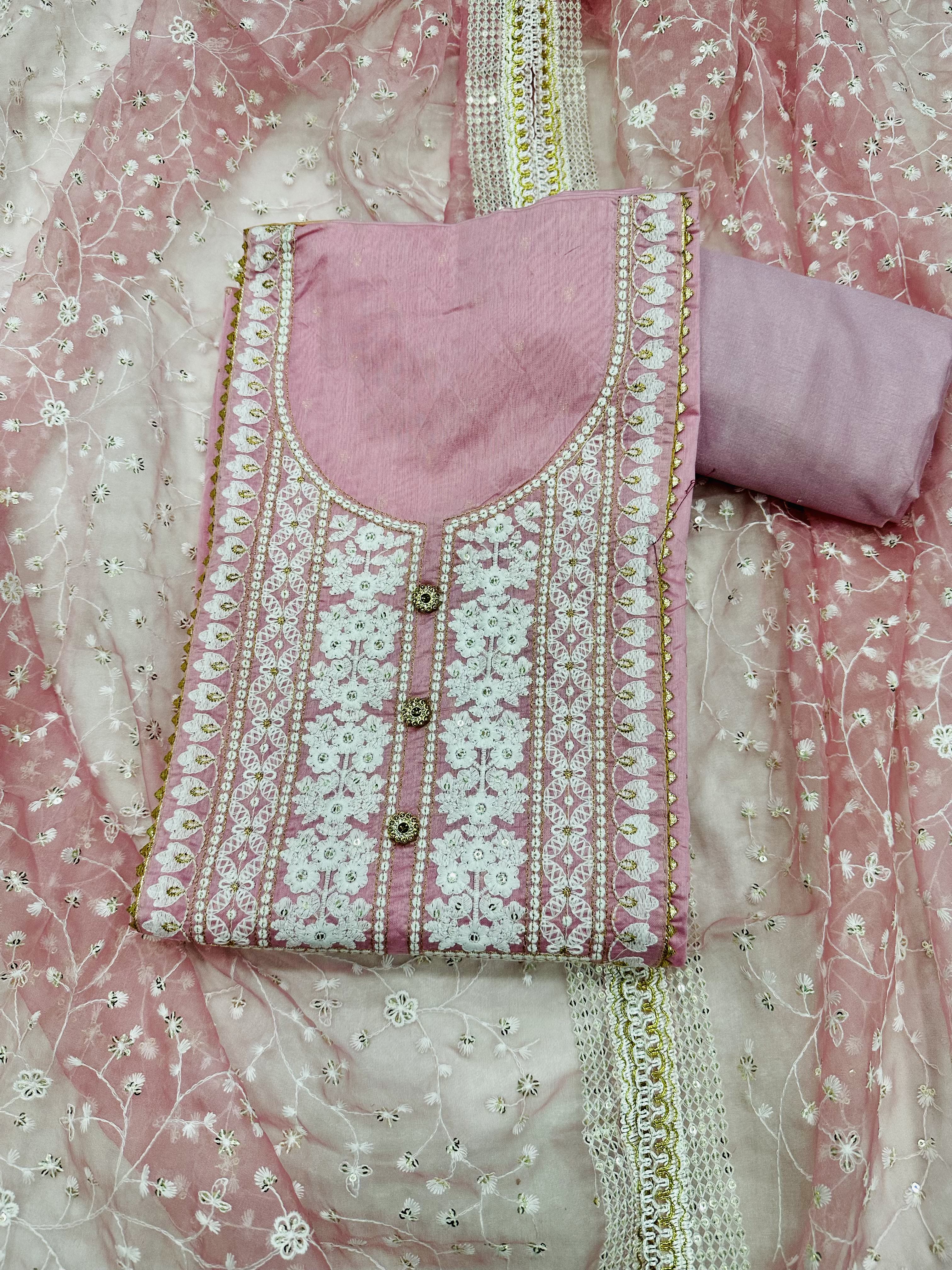 Pink Chanderi Embroidery Unstitched Salwar Suit With Organza Dupatta