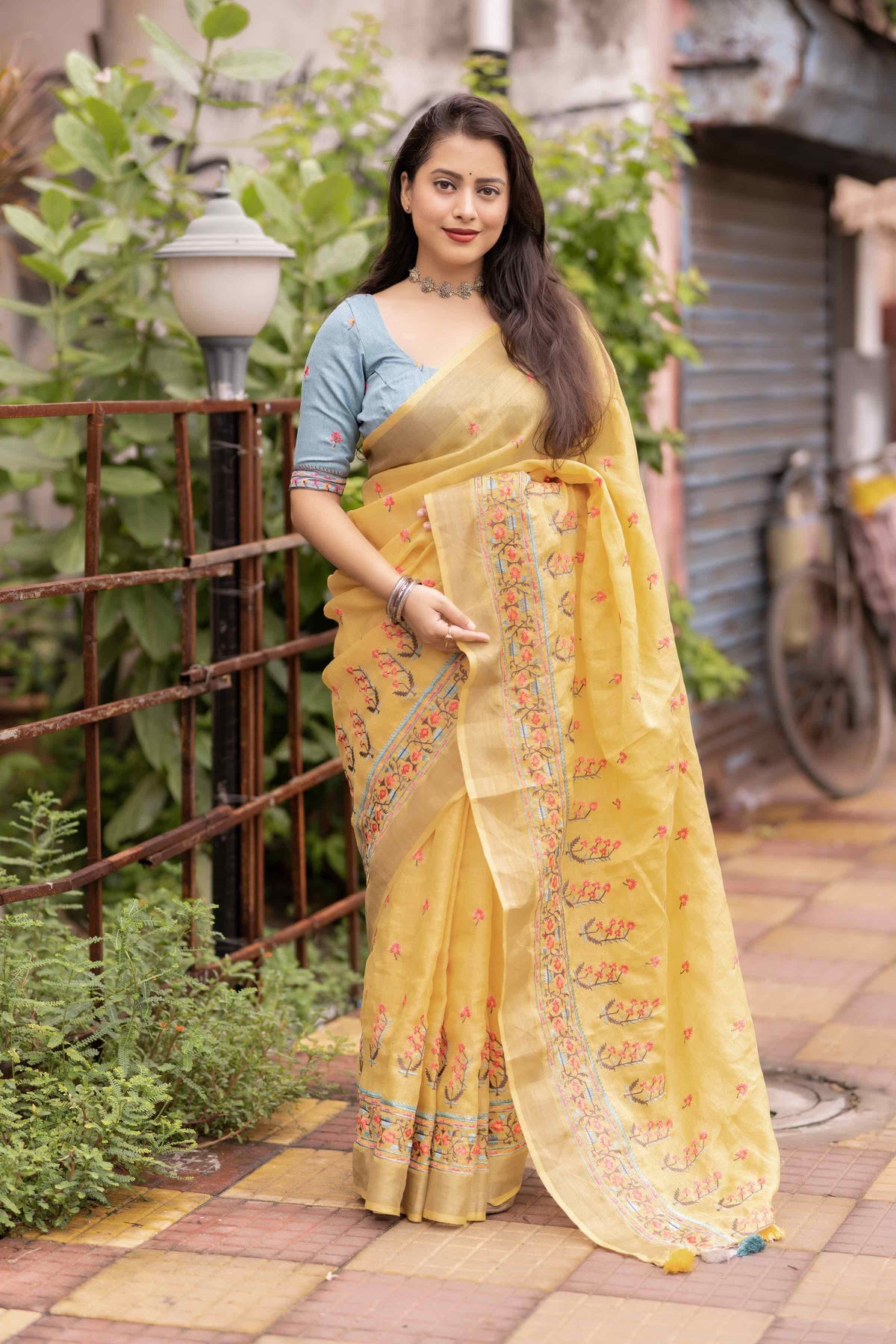 Pure Linen Embroidery saree