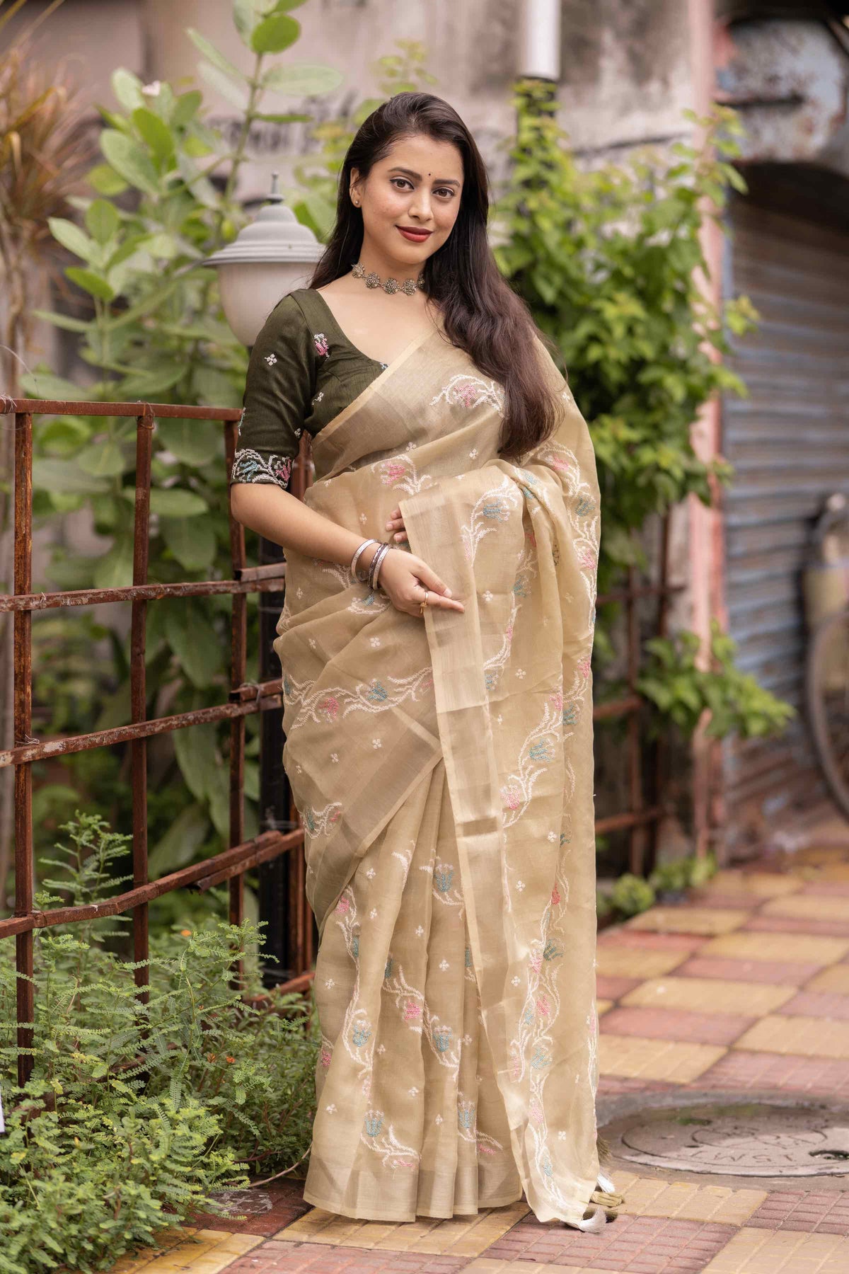 Pure Linen Embroidery saree